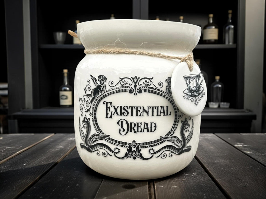 Crackpottery Ceramic Jar “Existential Dread  Funny Storage Jar, Dark Humour Kitchen Canister, Cream Ceramic Jar, Quirky Gift