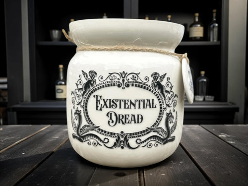 Crackpottery Ceramic Jar “Existential Dread  Funny Storage Jar, Dark Humour Kitchen Canister, Cream Ceramic Jar, Quirky Gift