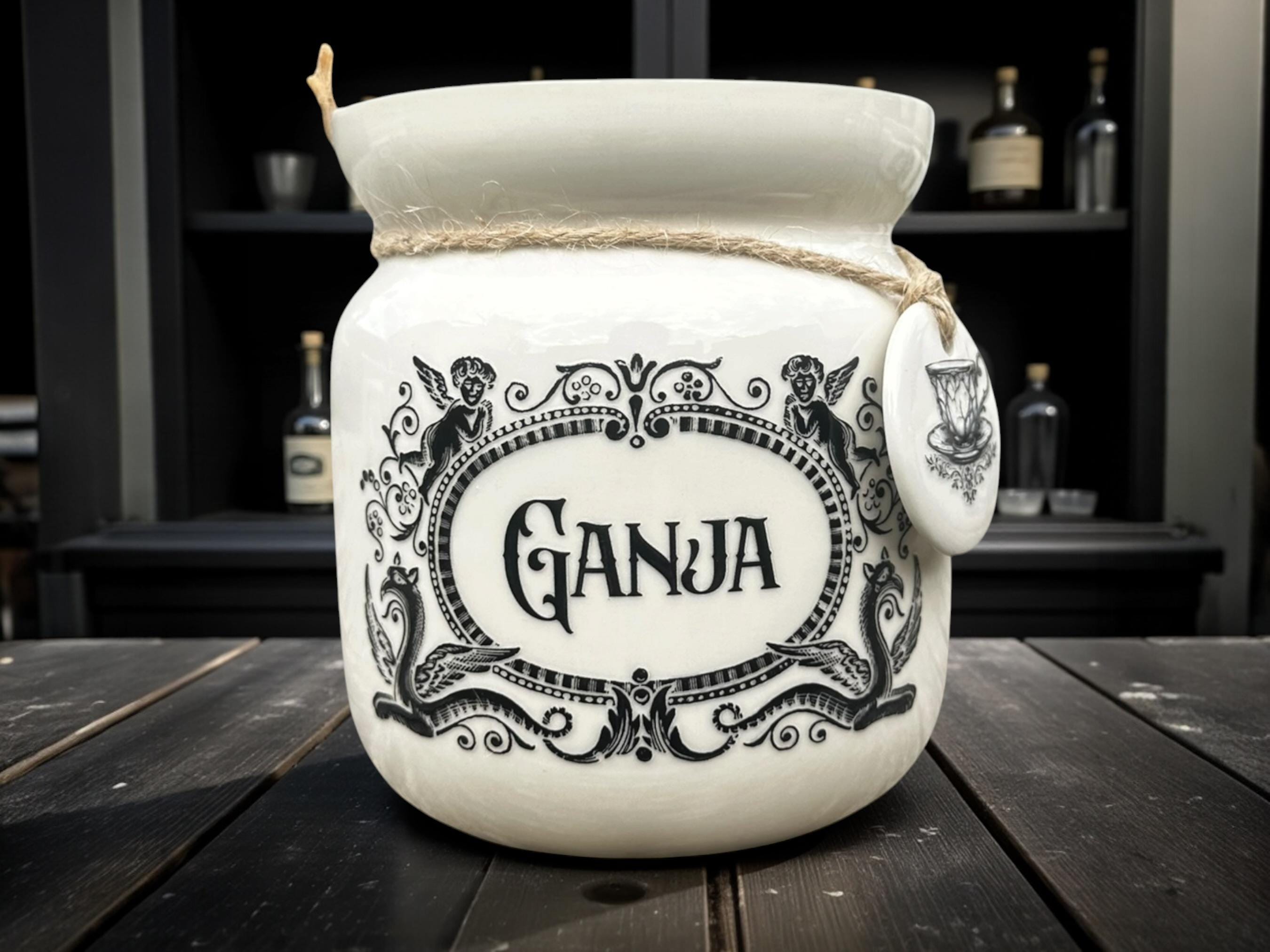 Crackpottery Ceramic Jar “Ganja  Funny Storage Jar, Dark Humour Kitchen Canister, Cream Ceramic Jar with Airtight Lid, Quirky Gift
