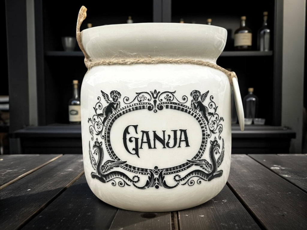 Crackpottery Ceramic Jar “Ganja  Funny Storage Jar, Dark Humour Kitchen Canister, Cream Ceramic Jar with Airtight Lid, Quirky Gift