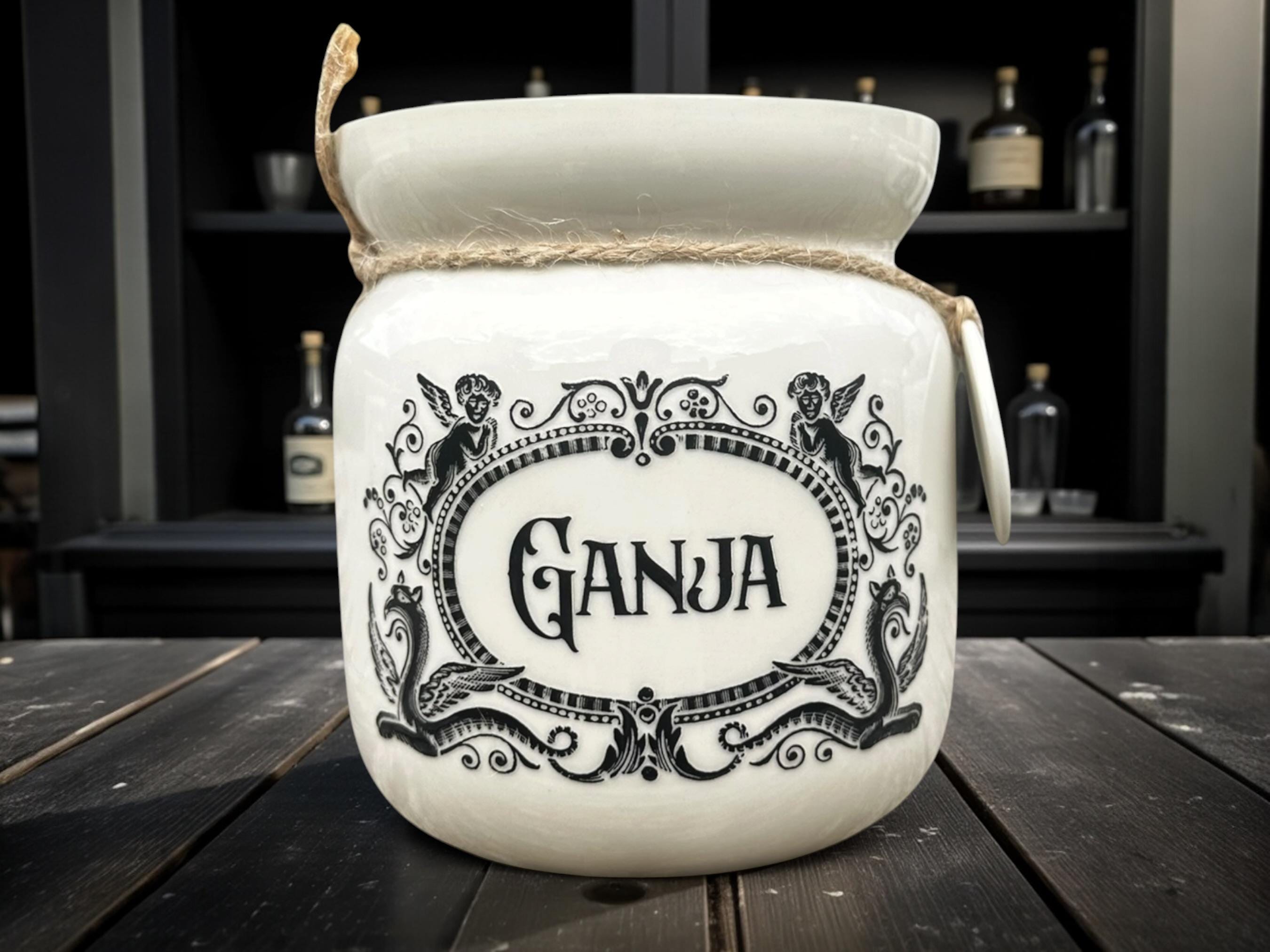 Crackpottery Ceramic Jar “Ganja  Funny Storage Jar, Dark Humour Kitchen Canister, Cream Ceramic Jar with Airtight Lid, Quirky Gift
