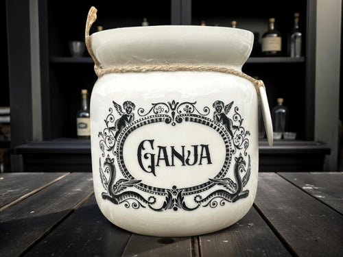 Crackpottery Ceramic Jar “Ganja  Funny Storage Jar, Dark Humour Kitchen Canister, Cream Ceramic Jar with Airtight Lid, Quirky Gift