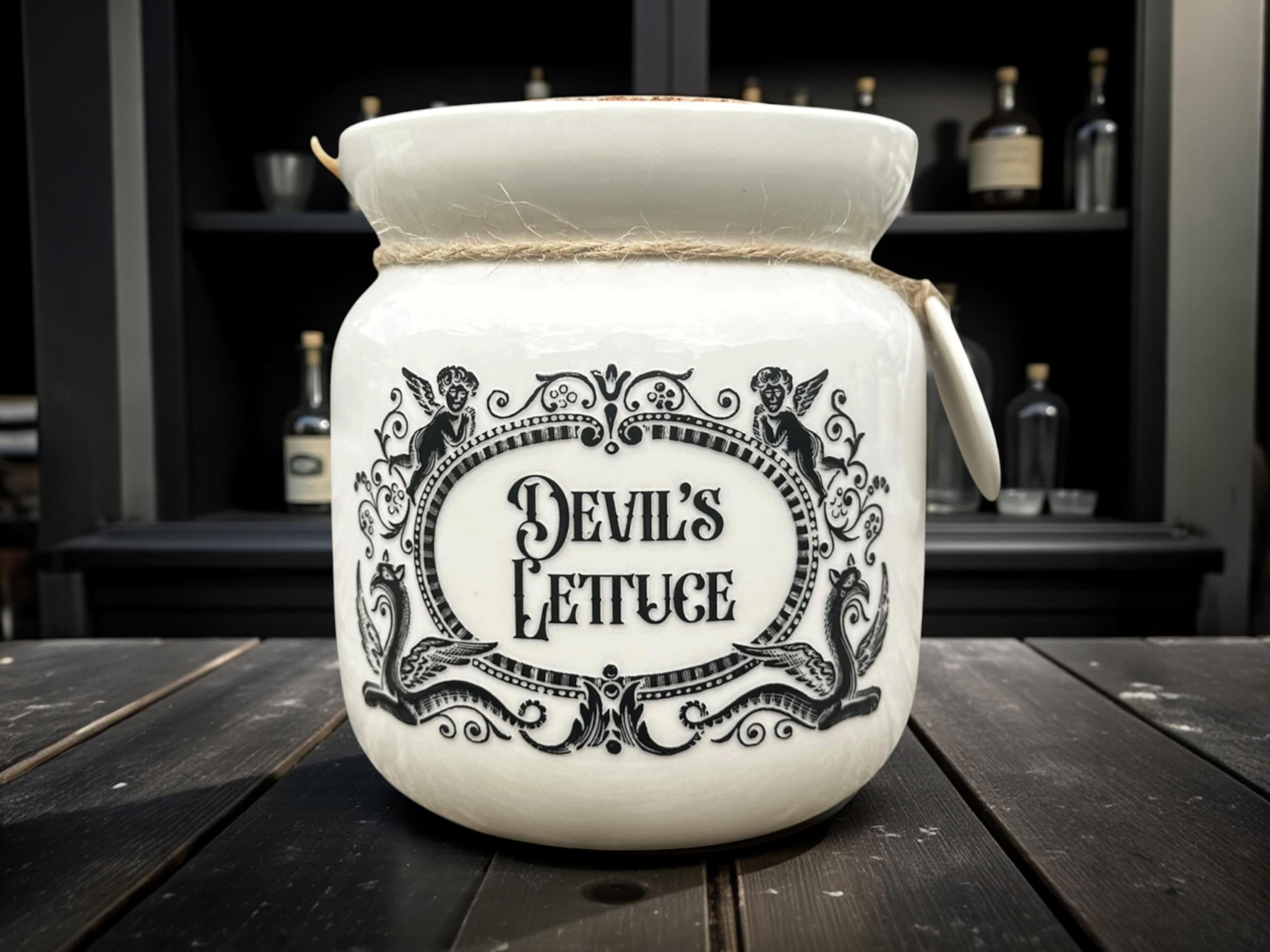 Crackpottery Ceramic Jar “Devils Lettuce  Funny Storage Jar, Dark Humour Kitchen Canister, Cream Ceramic Jar  Quirky Gift