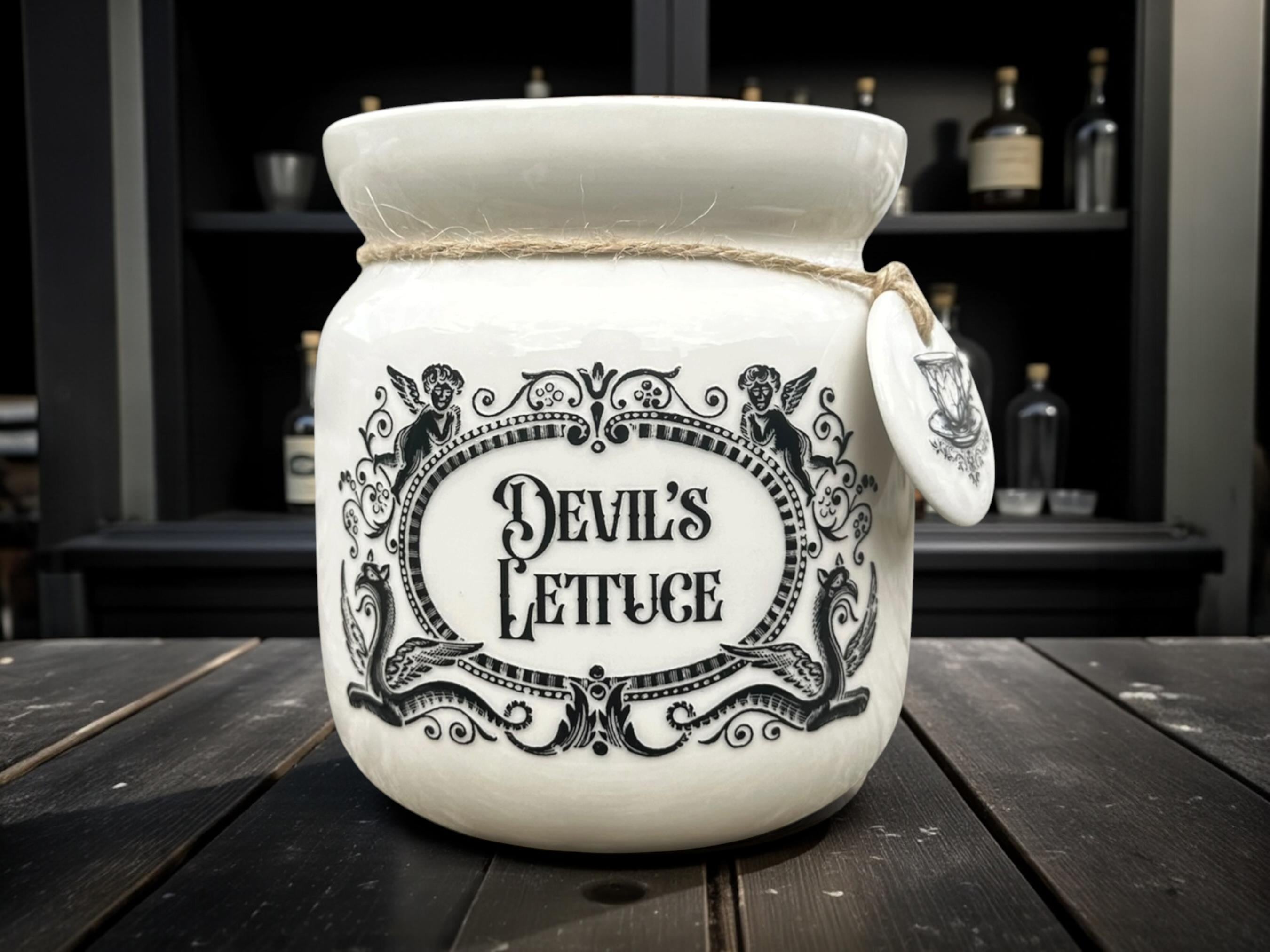 Crackpottery Ceramic Jar “Devils Lettuce  Funny Storage Jar, Dark Humour Kitchen Canister, Cream Ceramic Jar  Quirky Gift