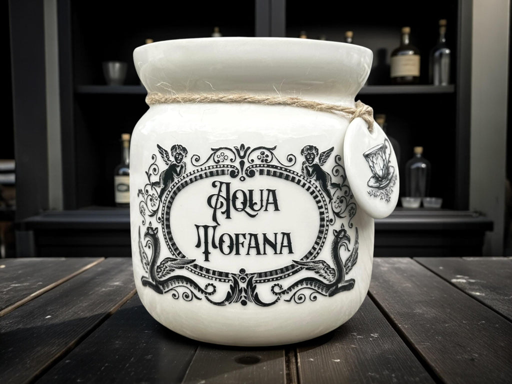 Crackpottery Ceramic Jar “Aqua Tofana  Funny Storage Jar, Dark Humour Kitchen Canister, Cream Ceramic Jar with Airtight Lid, Quirky Gift