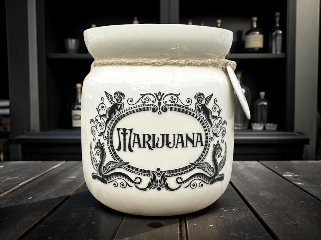 Crackpottery Ceramic Jar “Marijuana  Funny Storage Jar, Dark Humour Kitchen Canister, Cream Ceramic Jar with Airtight Lid, Quirky Gift