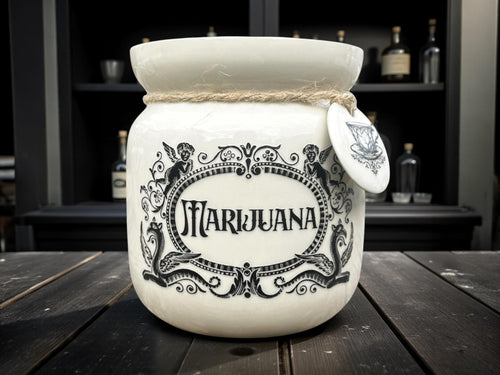 Crackpottery Ceramic Jar “Marijuana  Funny Storage Jar, Dark Humour Kitchen Canister, Cream Ceramic Jar with Airtight Lid, Quirky Gift