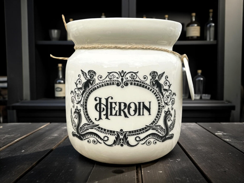 Crackpottery Ceramic Jar “Heroin  Funny Storage Jar, Dark Humour Kitchen Canister, Cream Ceramic Jar with Airtight Lid, Quirky Gift