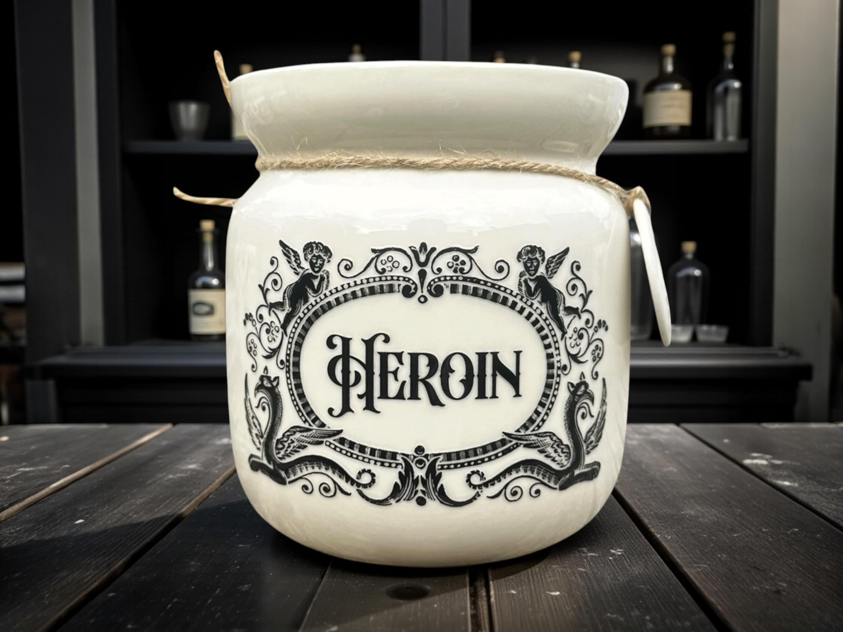 Crackpottery Ceramic Jar “Heroin  Funny Storage Jar, Dark Humour Kitchen Canister, Cream Ceramic Jar with Airtight Lid, Quirky Gift
