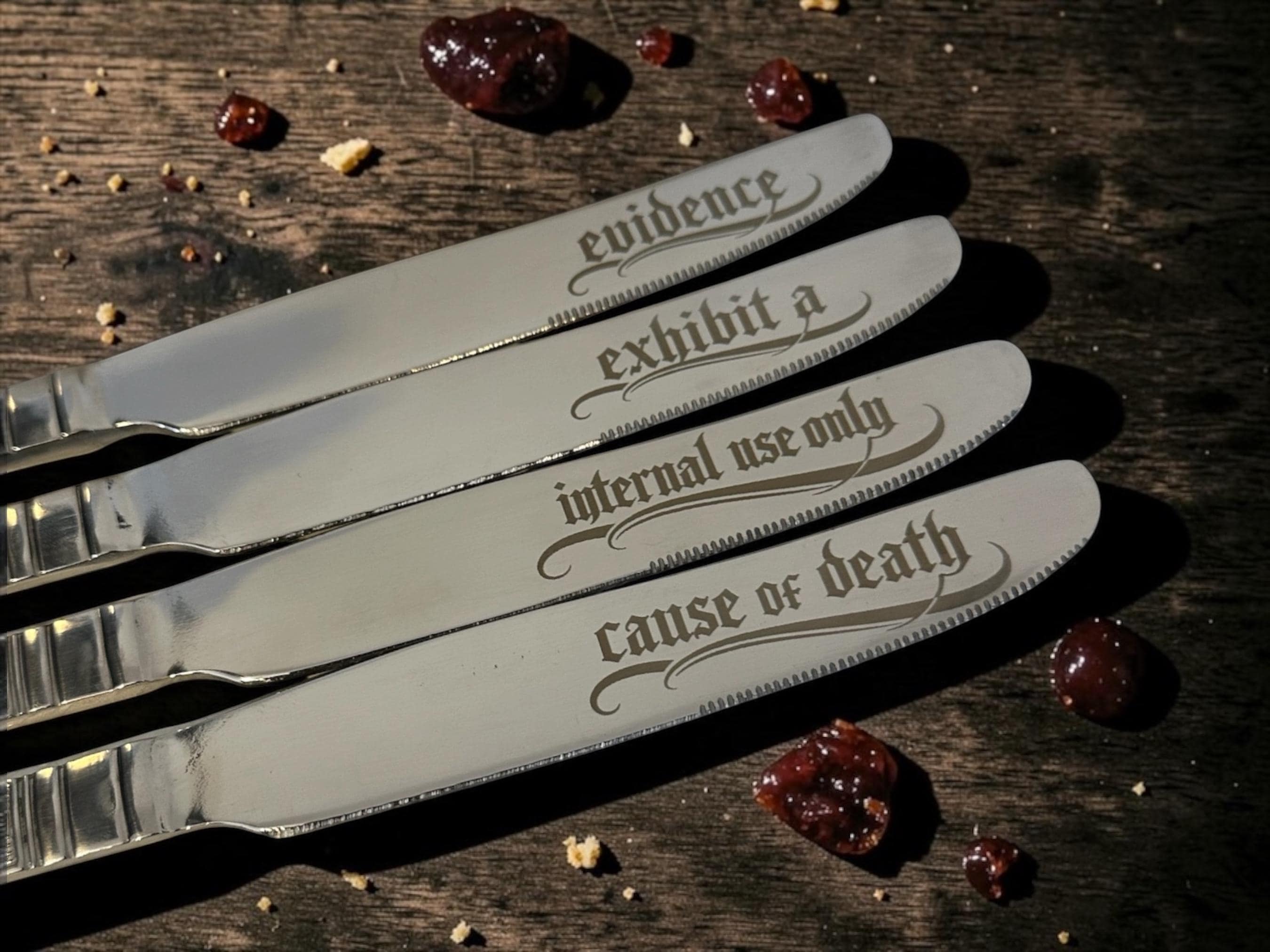 FORENSIC BUTTER KNIFE set  “Evidence / Exhibit A / Internal Use Only / Case Closed  Engraved Cutlery
