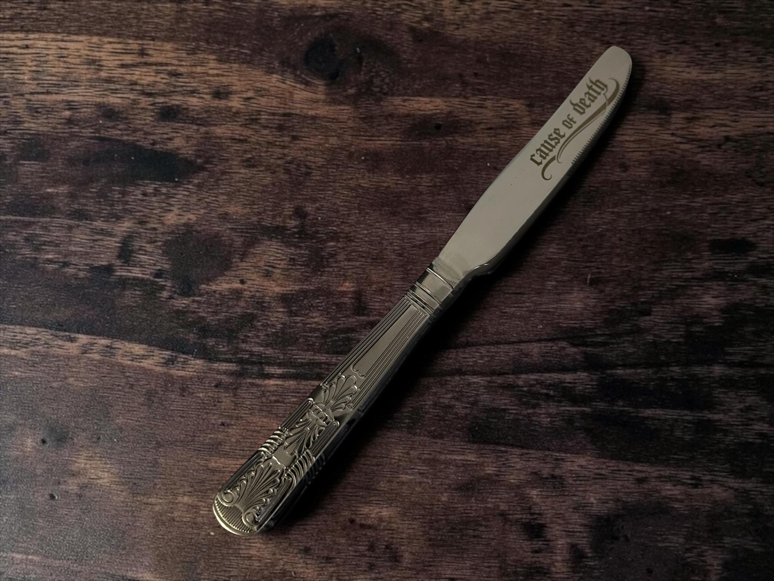 FORENSIC BUTTER KNIFE set  “Evidence / Exhibit A / Internal Use Only / Case Closed  Engraved Cutlery