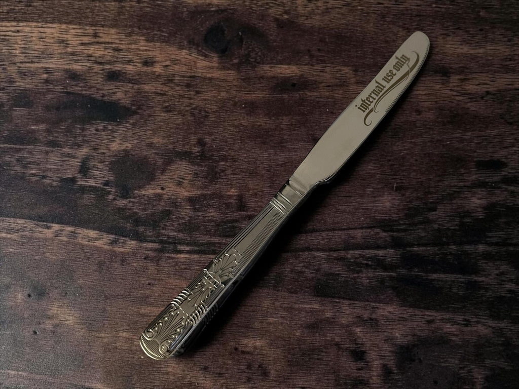 FORENSIC BUTTER KNIFE set  “Evidence / Exhibit A / Internal Use Only / Case Closed  Engraved Cutlery