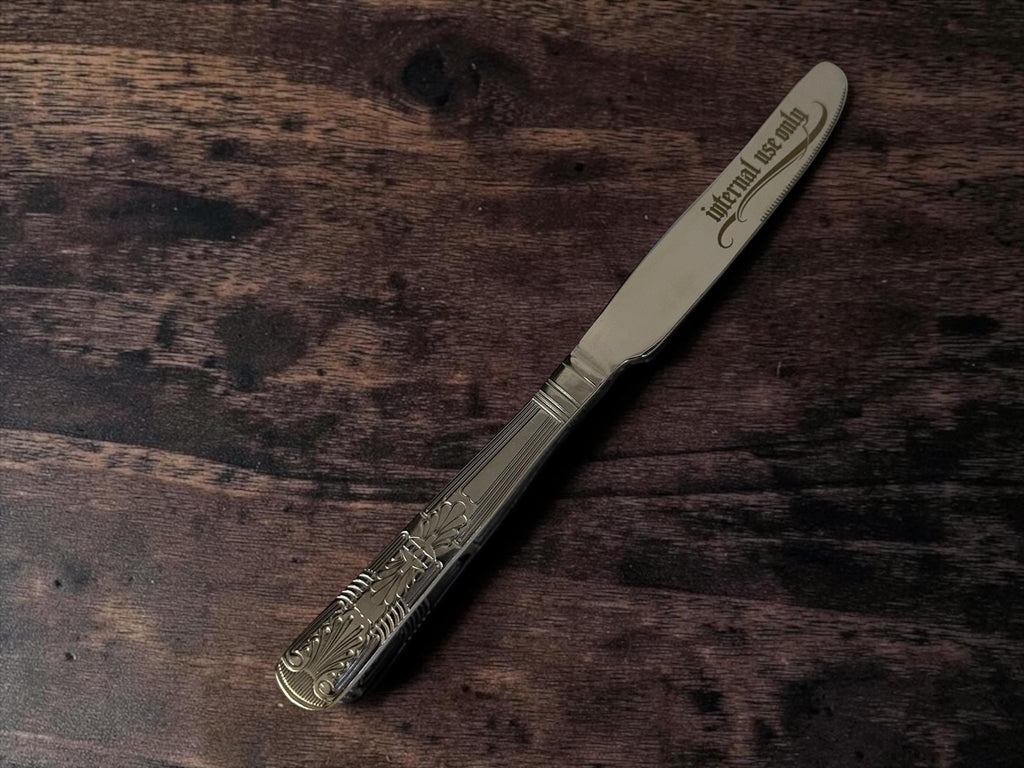 FORENSIC BUTTER KNIFE set  “Evidence / Exhibit A / Internal Use Only / Case Closed  Engraved Cutlery