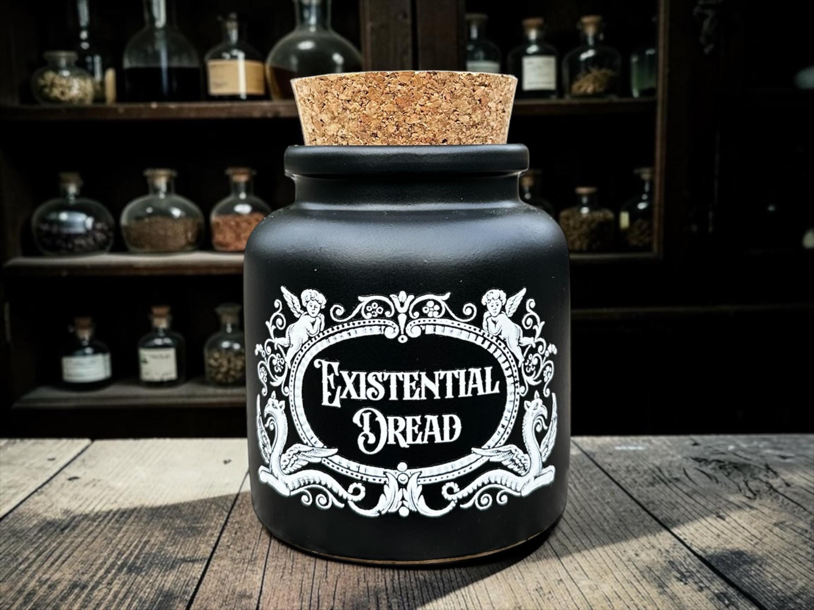 Existential Dread Apothecary Jar  Gothic Storage Jar  Dark Humour Kitchen Decor  Spooky Black Ceramic Canister  Alternative Home Gift