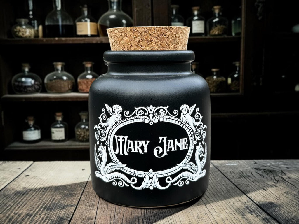 Mary Jane Apothecary Jar  Gothic Storage Jar  Alternative Cannabis Decor  Dark Humour Gift