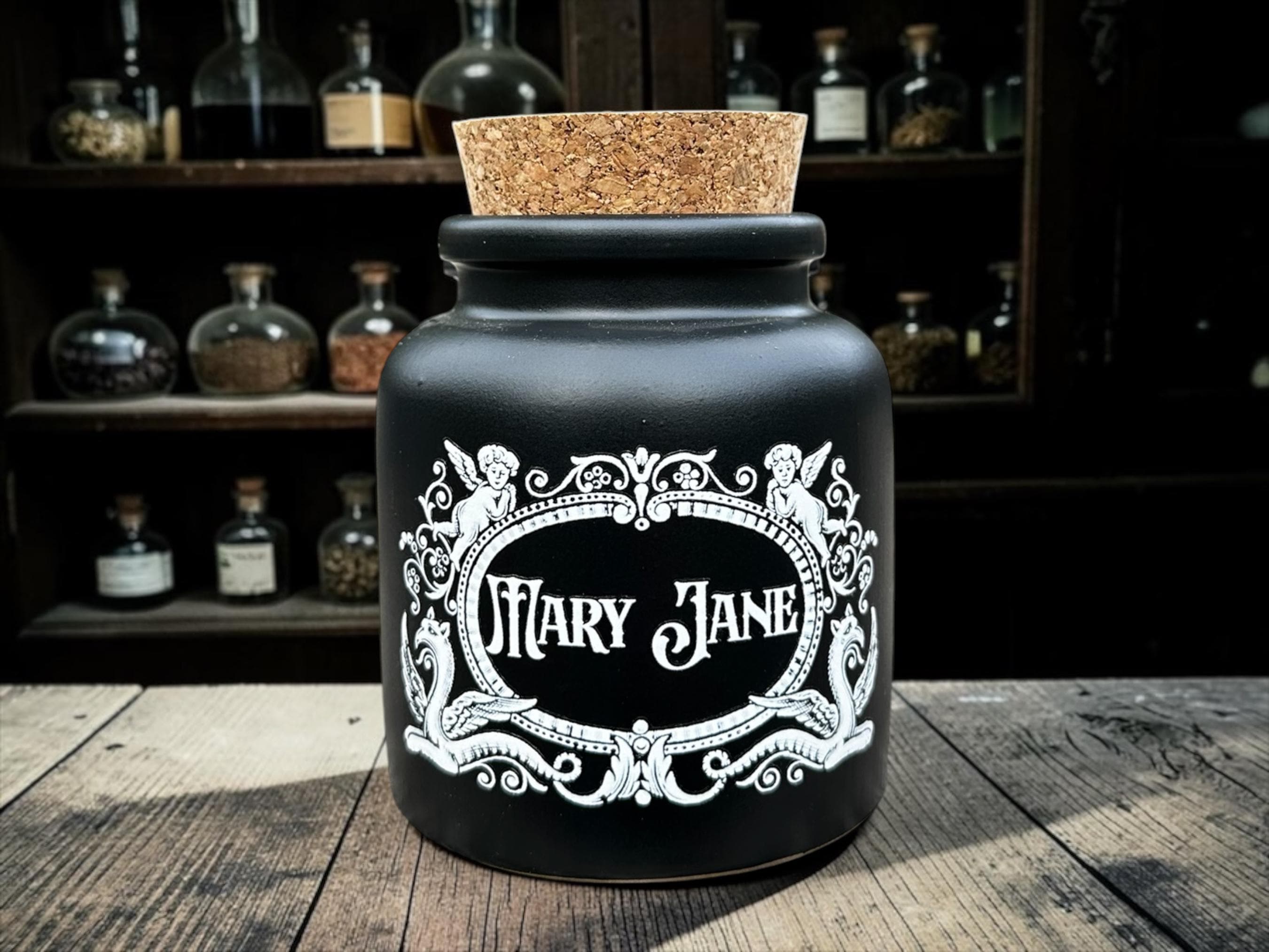 Mary Jane Apothecary Jar  Gothic Storage Jar  Alternative Cannabis Decor  Dark Humour Gift