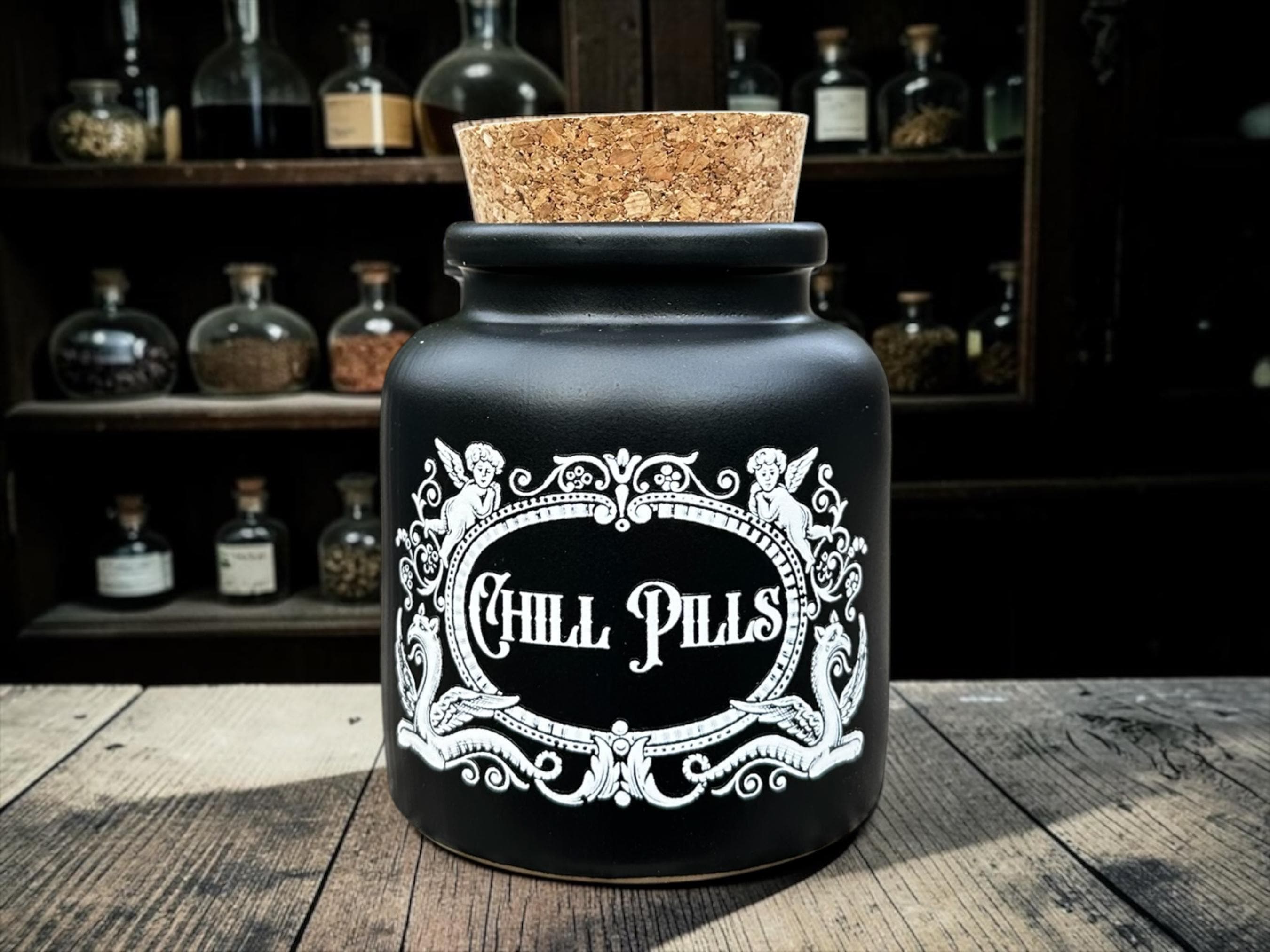 Chill Pills Apothecary Jar  Gothic Storage Jar  Funny Mental Health Decor  Alternative Gift