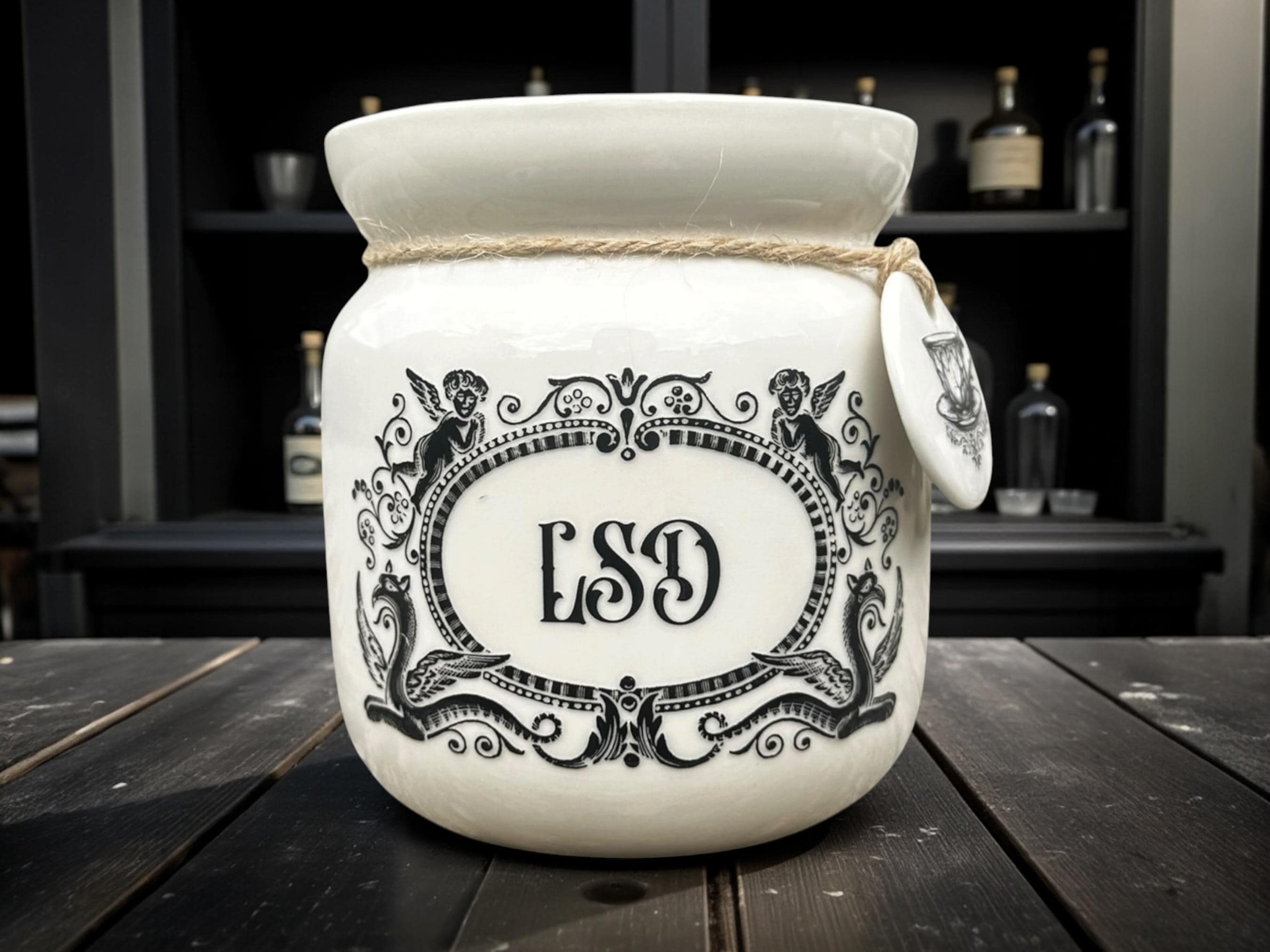 Crackpottery Ceramic Jar “LSD  Funny Storage Jar, Dark Humour Kitchen Canister, Cream Ceramic Jar with Airtight Lid, Quirky Gift