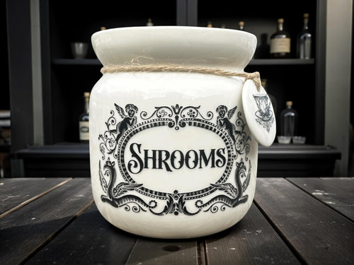 Crackpottery Ceramic Jar “Shrooms  Funny Storage Jar, Dark Humour Kitchen Canister, Cream Ceramic Jar with Airtight Lid, Quirky Gift
