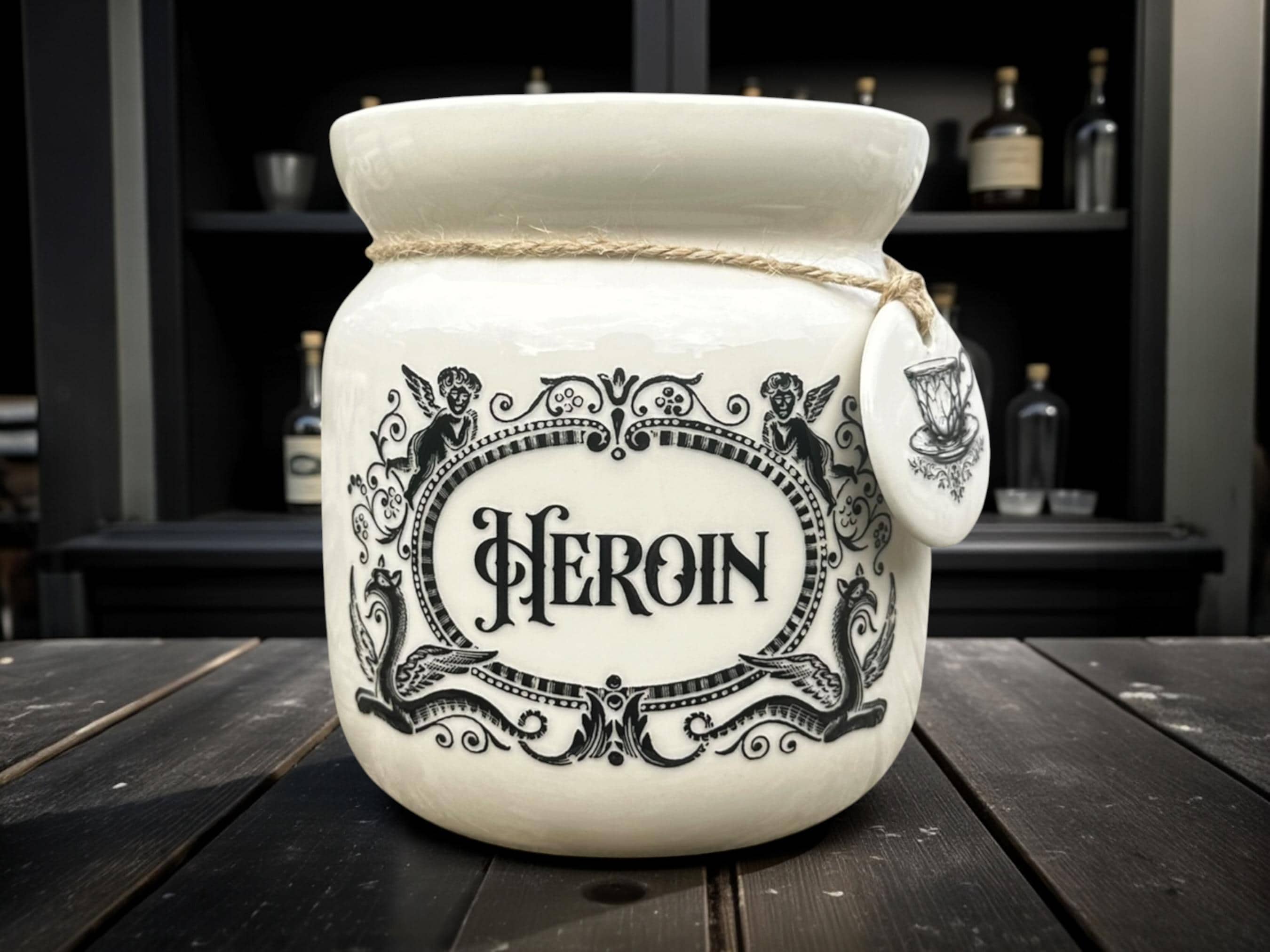 Crackpottery Ceramic Jar “Heroin  Funny Storage Jar, Dark Humour Kitchen Canister, Cream Ceramic Jar with Airtight Lid, Quirky Gift