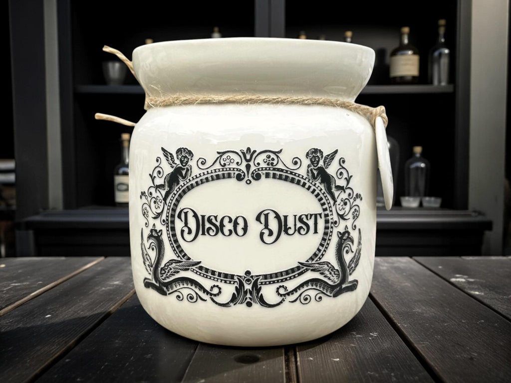 Crackpottery Ceramic Jar “Disco Dust  Funny Storage Jar, Dark Humour Kitchen Canister, Cream Ceramic Jar with Airtight Lid, Quirky Gift