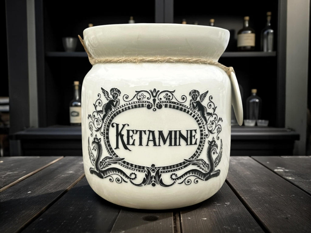 Crackpottery Ceramic Jar “Ketamine  Funny Storage Jar, Dark Humour Kitchen Canister, Cream Ceramic Jar with Airtight Lid, Quirky Gift
