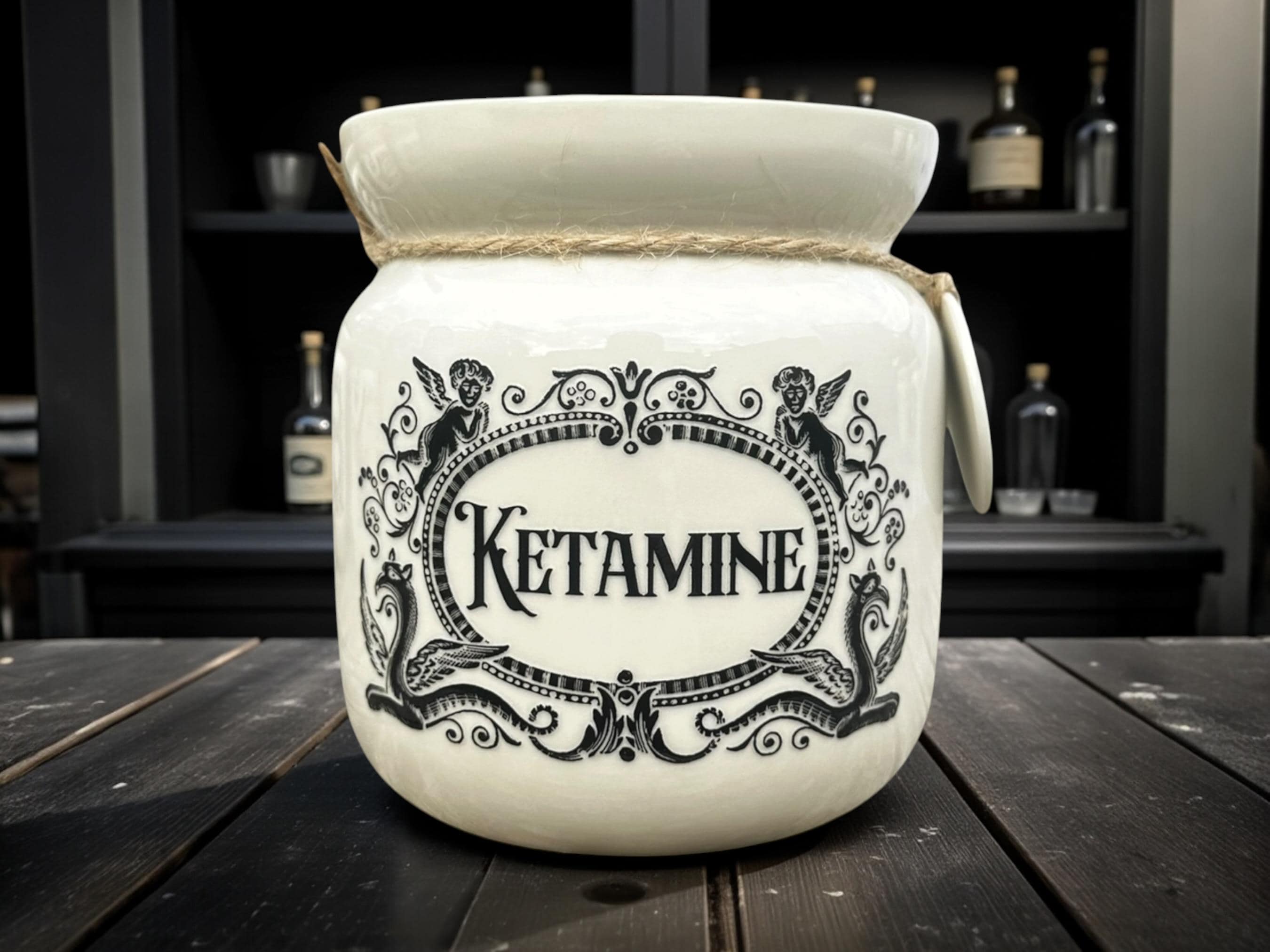 Crackpottery Ceramic Jar “Ketamine  Funny Storage Jar, Dark Humour Kitchen Canister, Cream Ceramic Jar with Airtight Lid, Quirky Gift
