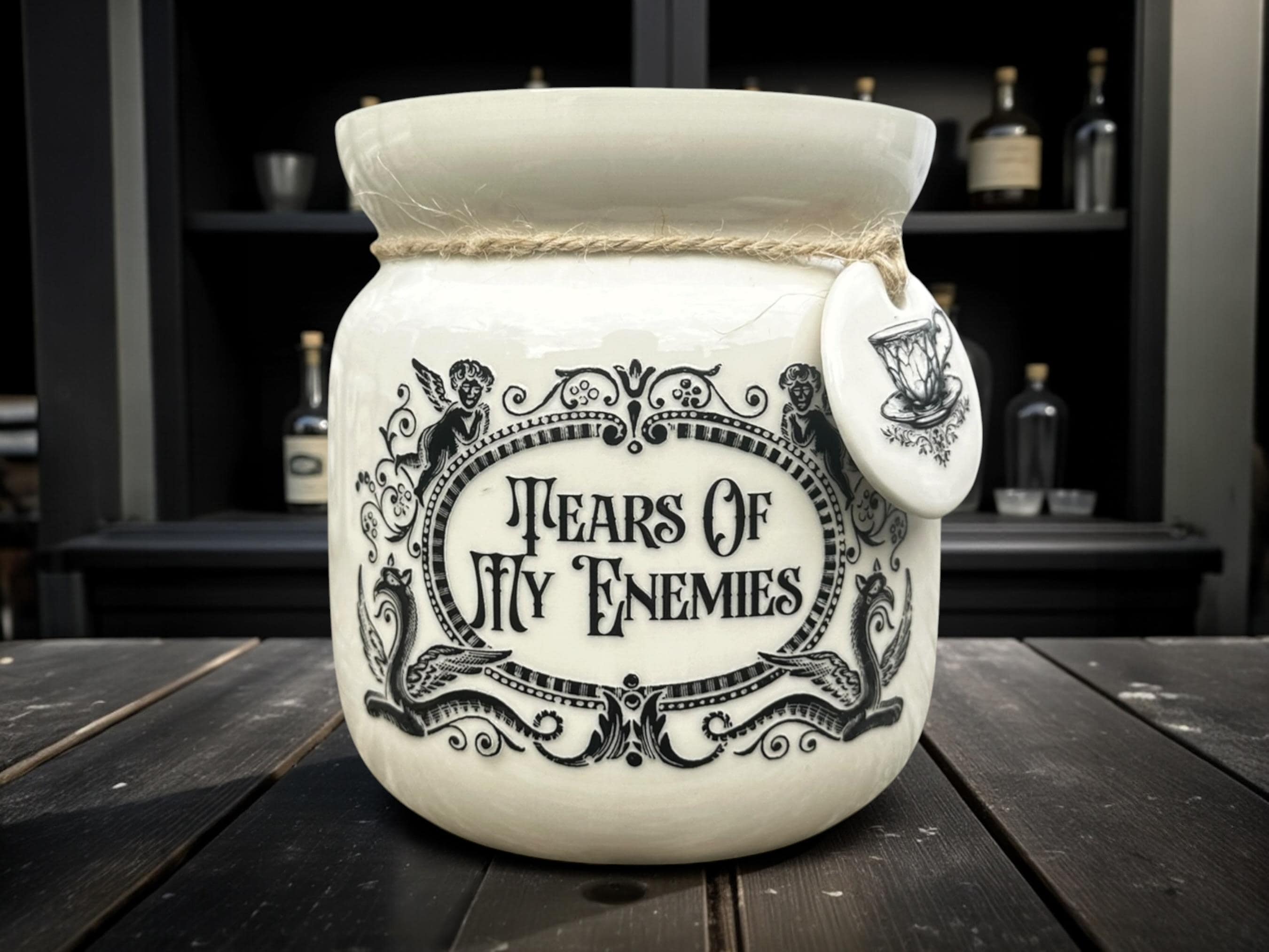 Crackpottery Ceramic Jar “Tears of My Enemies  Funny Storage Jar, Dark Humour Kitchen Canister, Cream Ceramic Jar Quirky Gift
