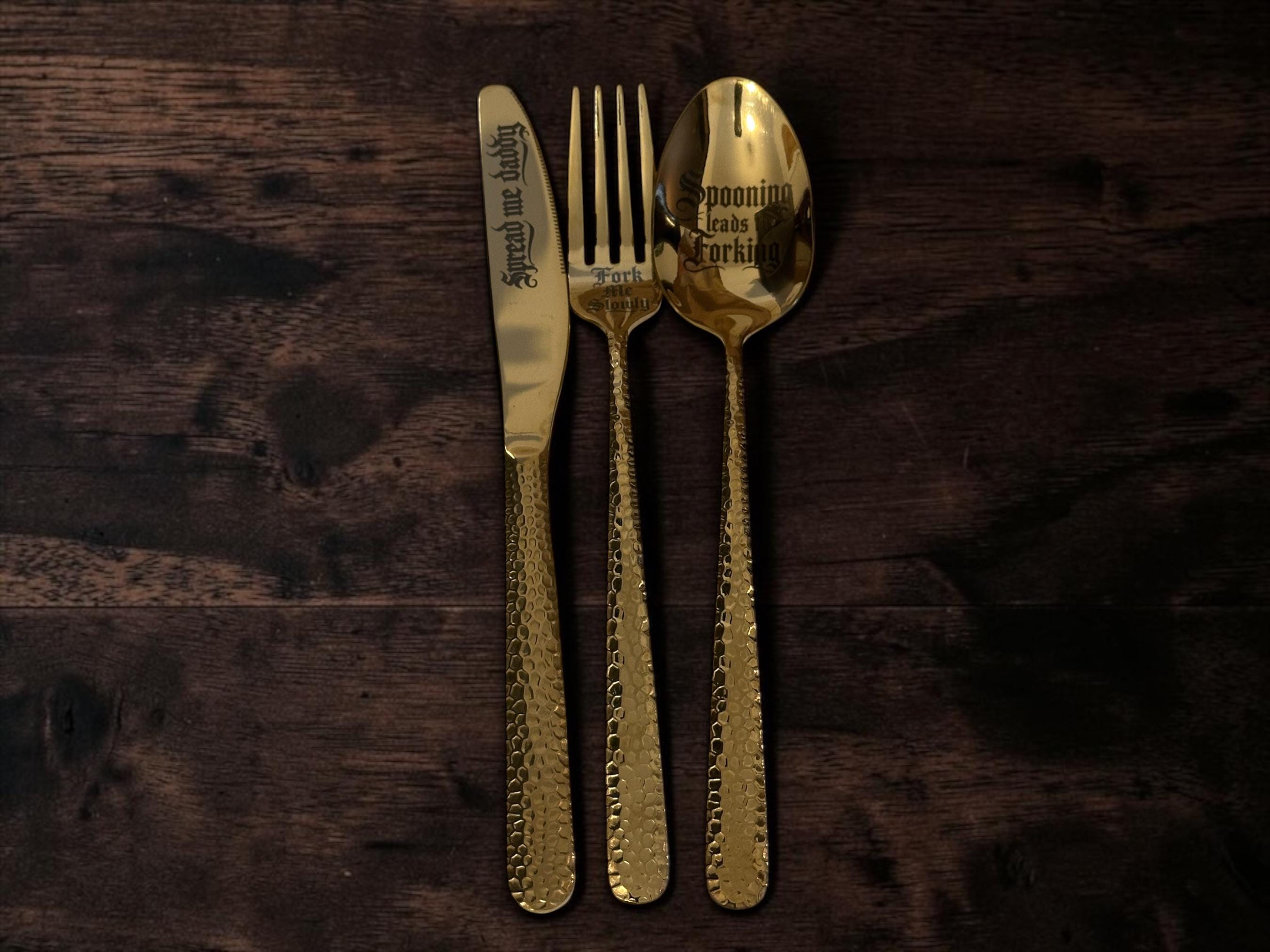 Sluttlery Set | Gold Hammered Knife, Fork & Spoon Set | Funny Engraved Cutlery Gift