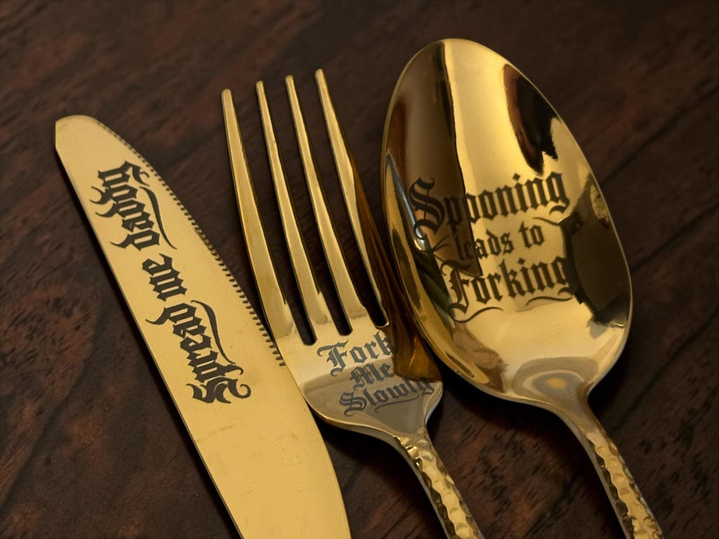 Sluttlery Set | Gold Hammered Knife, Fork & Spoon Set | Funny Engraved Cutlery Gift
