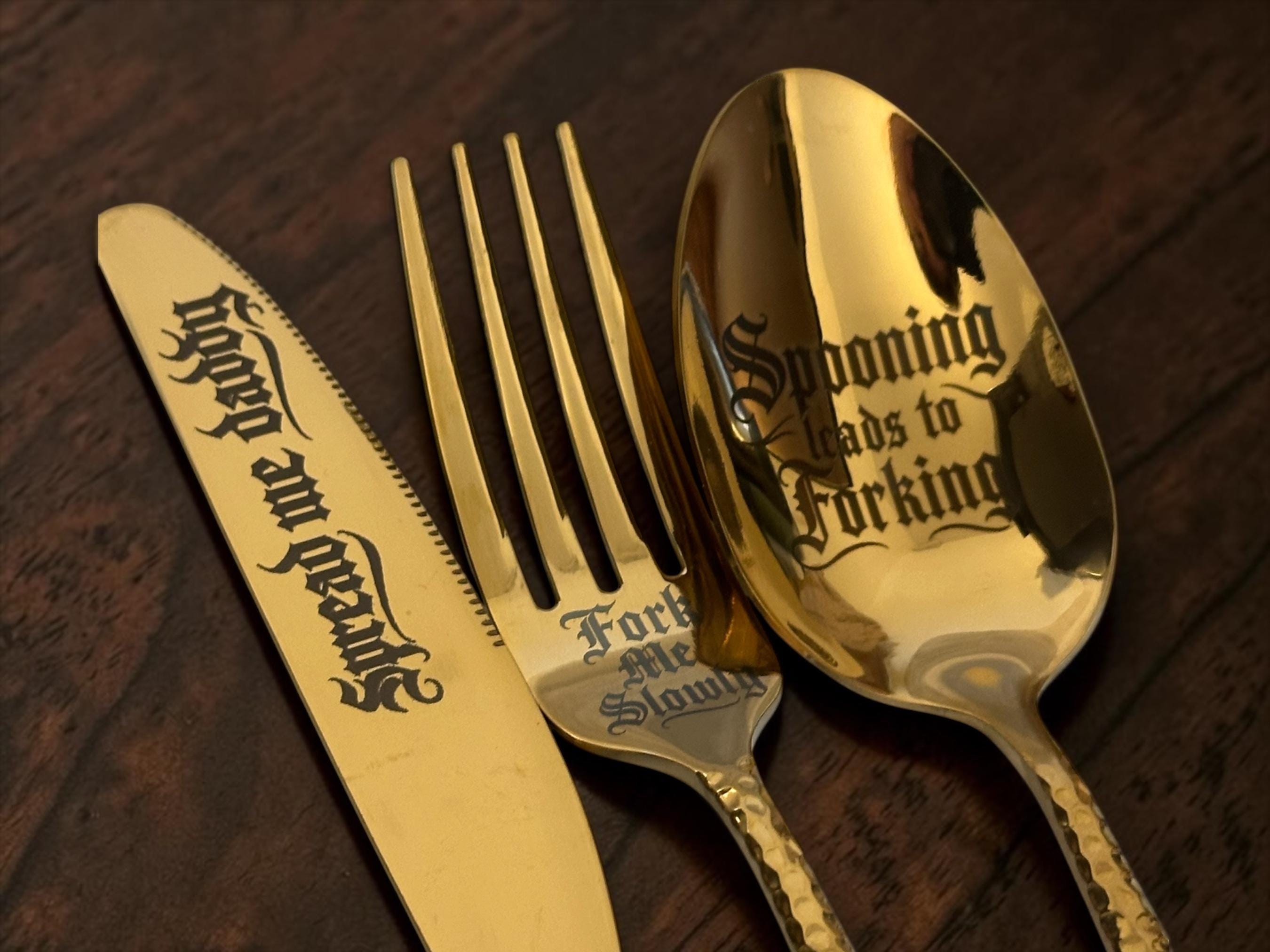 Sluttlery Set | Gold Hammered Knife, Fork & Spoon Set | Funny Engraved Cutlery Gift