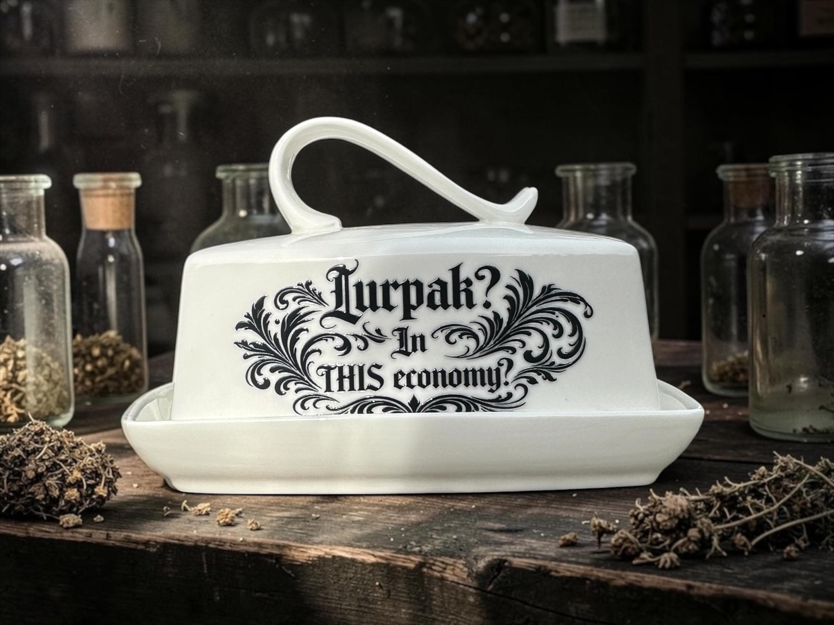 Lurpak In This Economy Butter Dish Funny Kitchen Decor Cost of Living Joke Butter Dish with Lid Sarcastic Kitchenware Novelty Kitchen gift