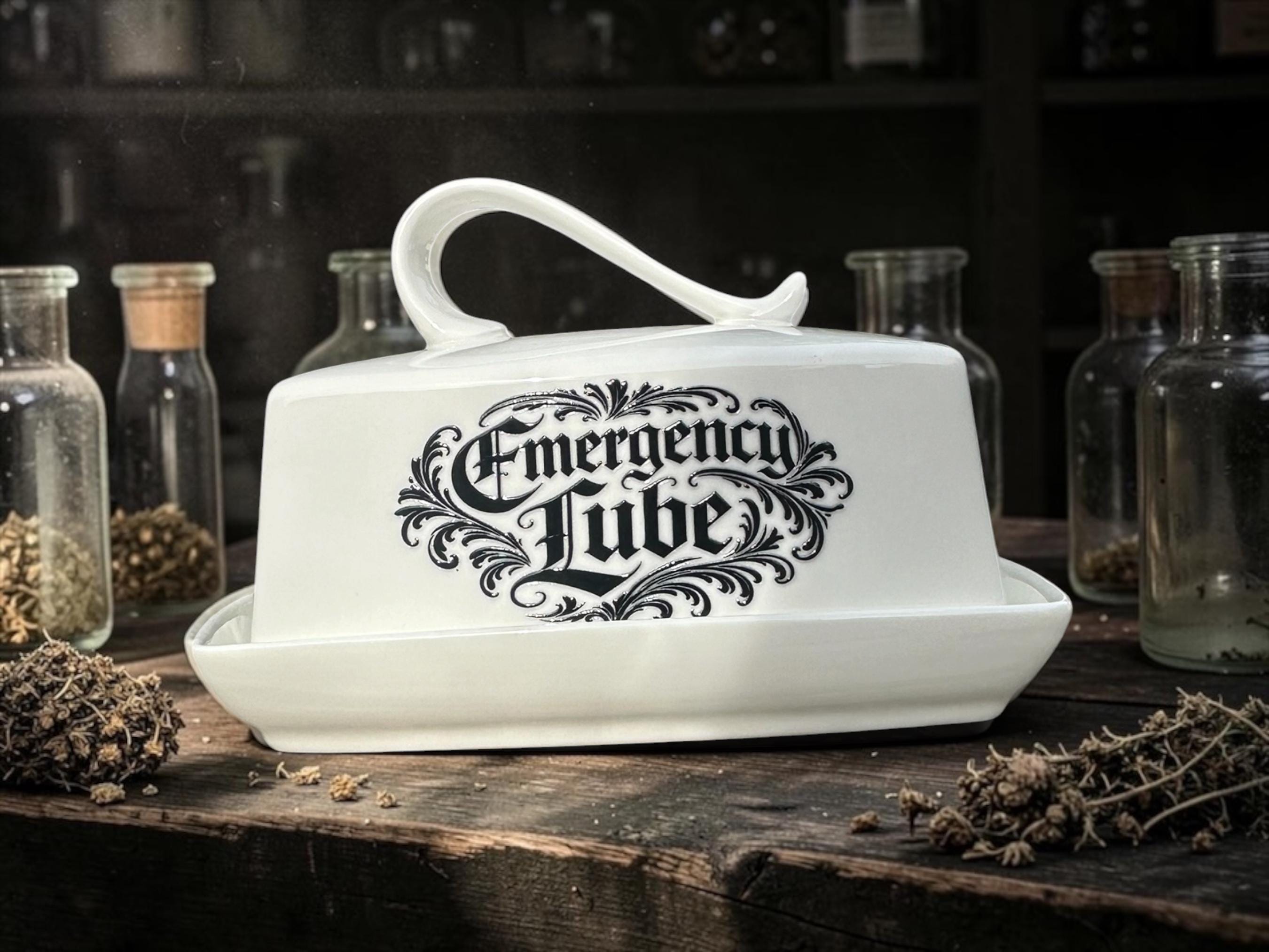 Emergency Lube Butter Dish Funny Kitchen Decor Rude Butter with Lid Inappropriate Housewarming Gift Novelty Kitchenware Sarcastic Kitchen