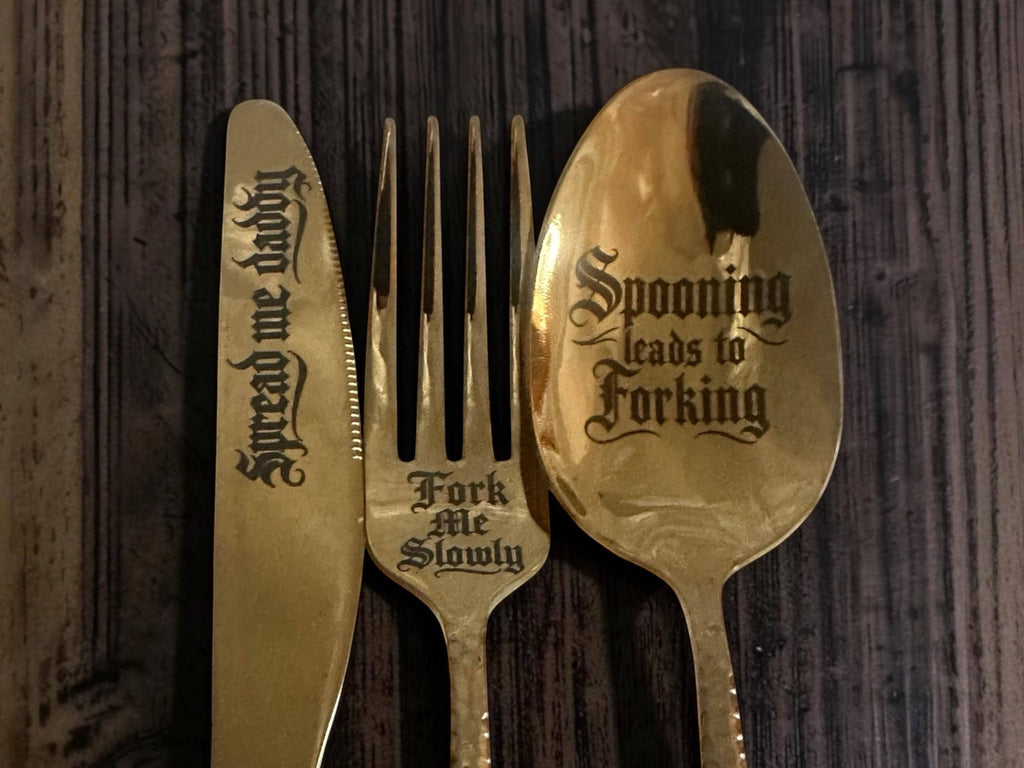 Sluttlery Set | Gold Hammered Knife, Fork & Spoon Set | Funny Engraved Cutlery Gift