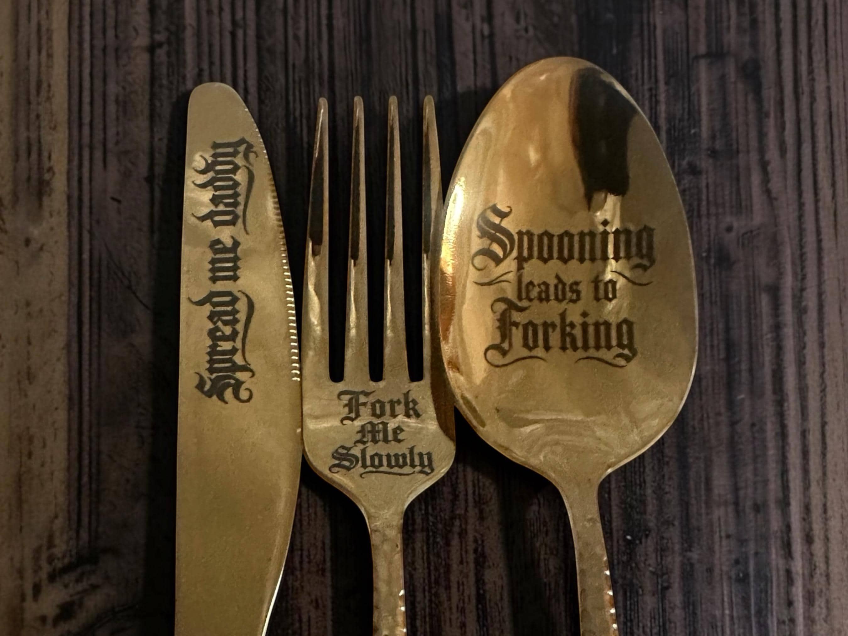 Sluttlery Set | Gold Hammered Knife, Fork & Spoon Set | Funny Engraved Cutlery Gift