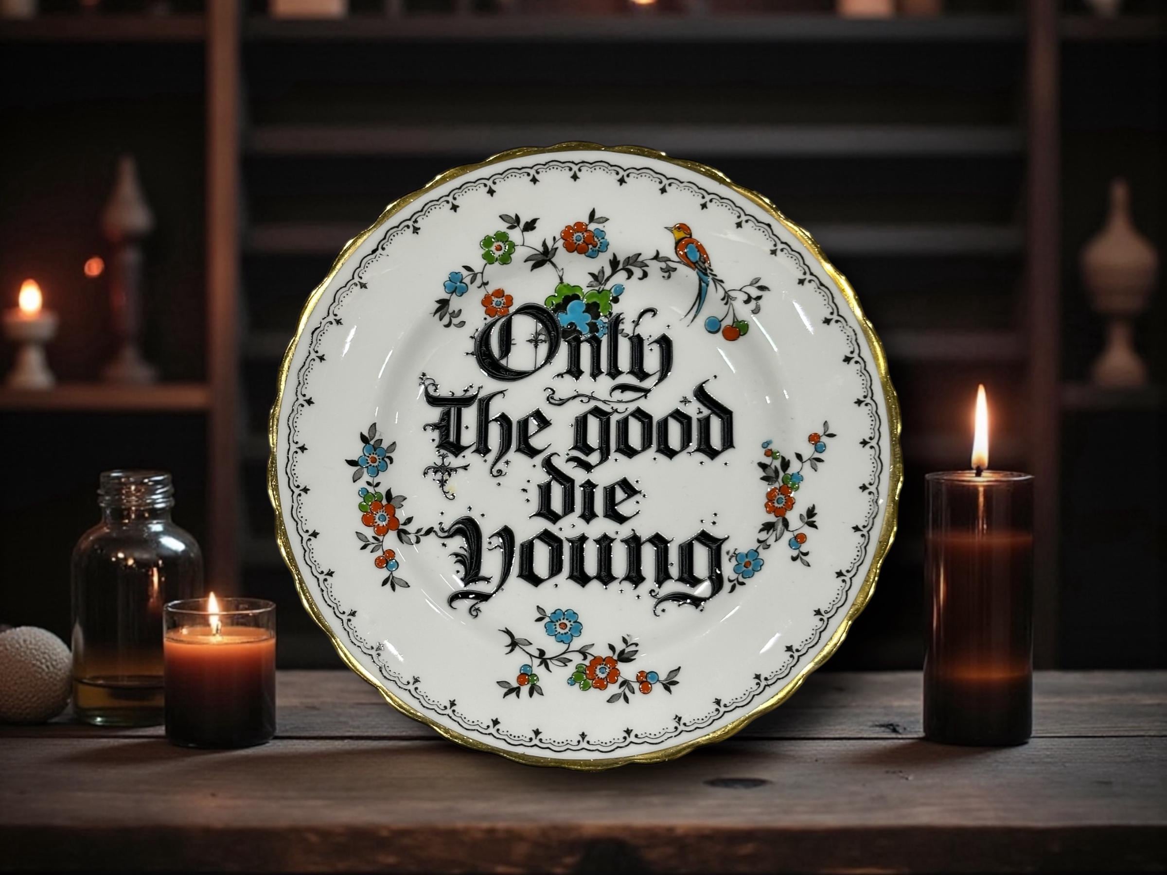 Only the Good Die Young Vintage Decorative Plate | Dark Humour Gothic Home Decor | Funny Vintage China | Sarcastic Wall Art | Unique Gift