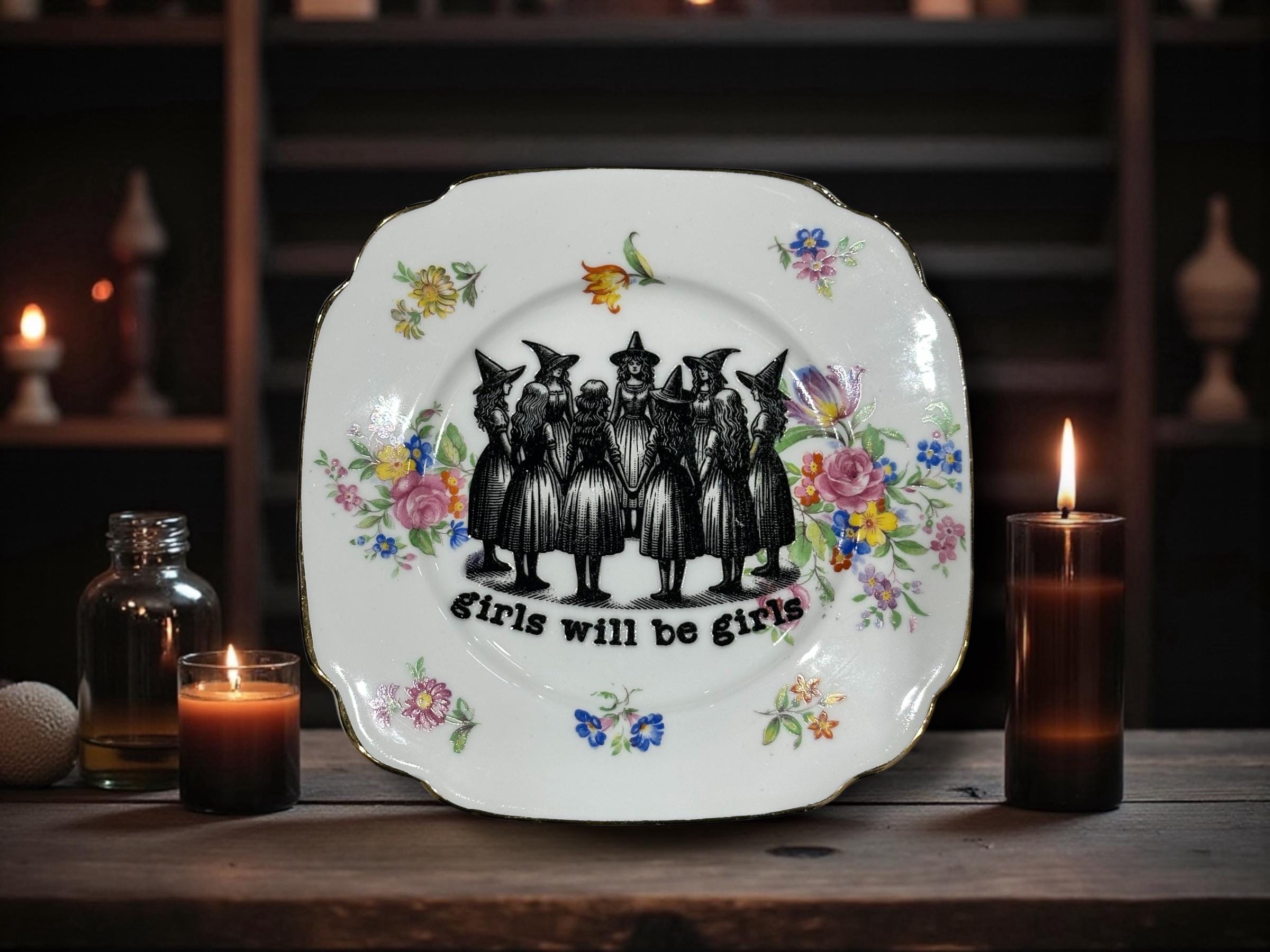 Vintage "Girls Will Be Girls" Decorative Plate | Witch Plate | Gothic Home Décor | 16cm Vintage China