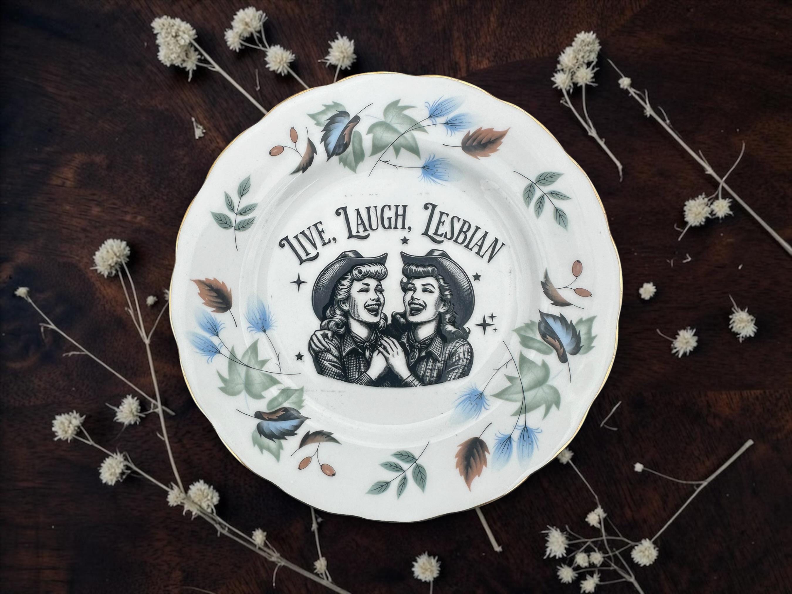 Live laugh lesbian, vintage plate with stand