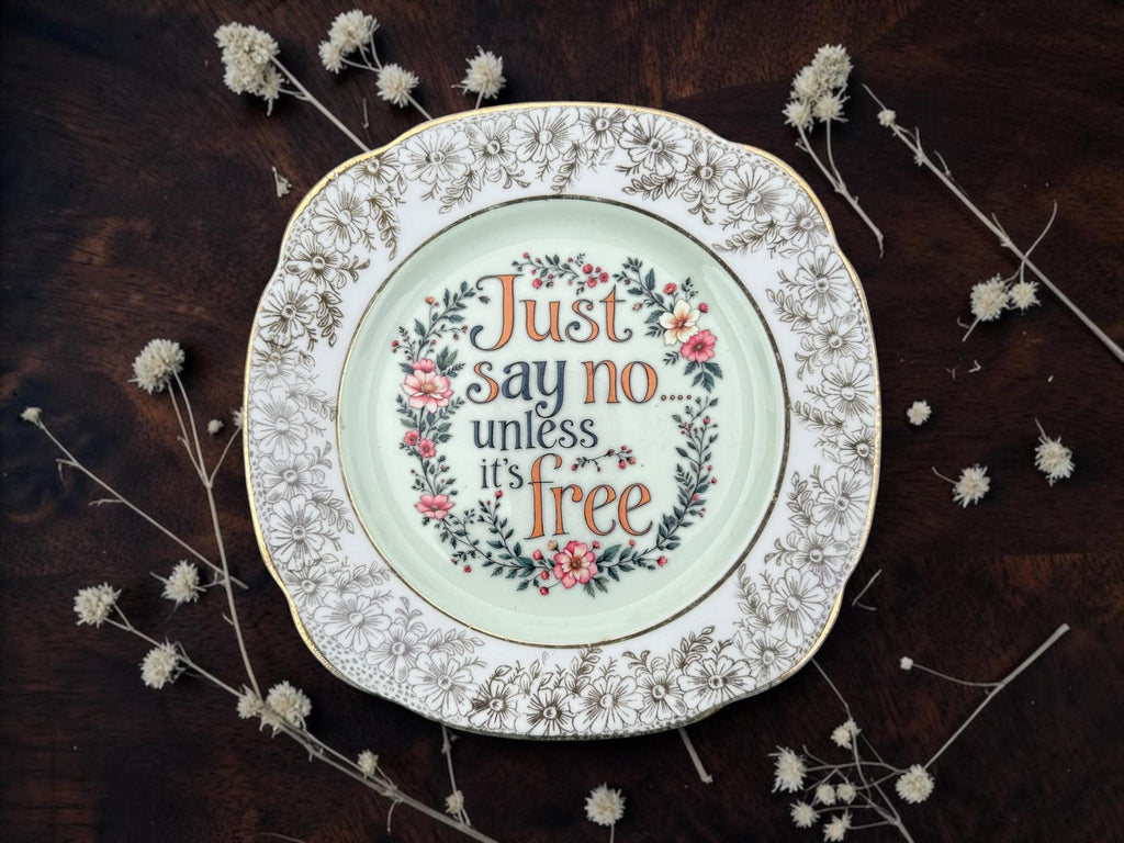 Just Say No Unless Its Free Plate  Vintage Crackpottery with stand