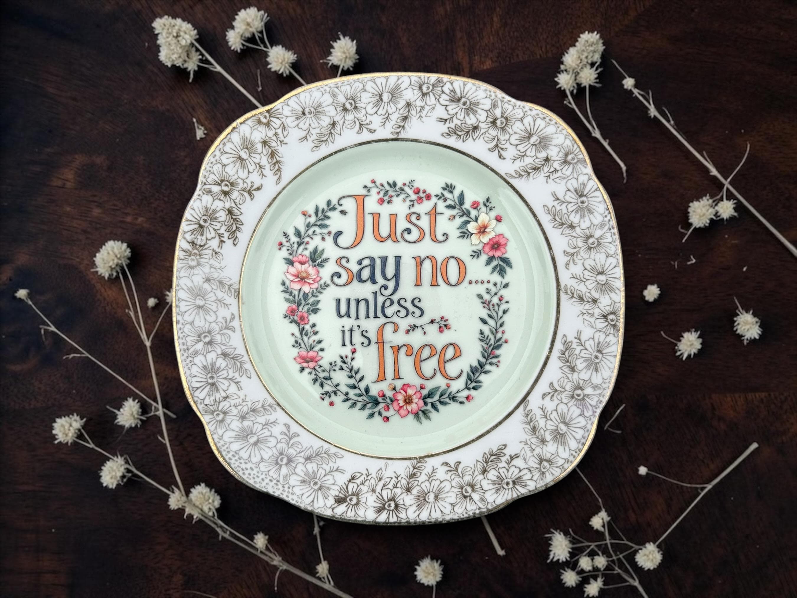 Just Say No Unless Its Free Plate  Vintage Crackpottery with stand