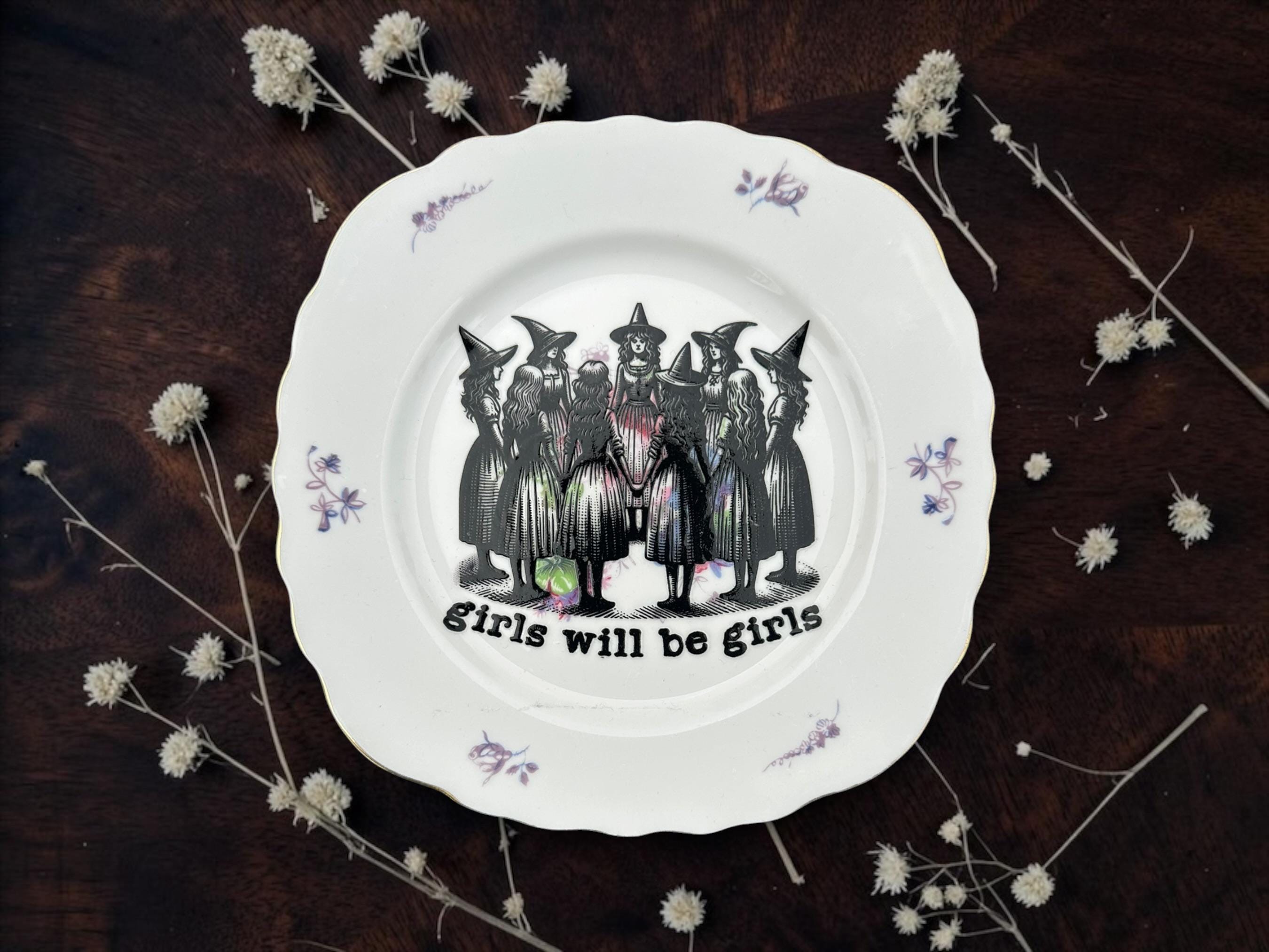 Vintage "Girls Will Be Girls" Decorative Plate | Witch Plate | Gothic Home Décor | 16cm Vintage China