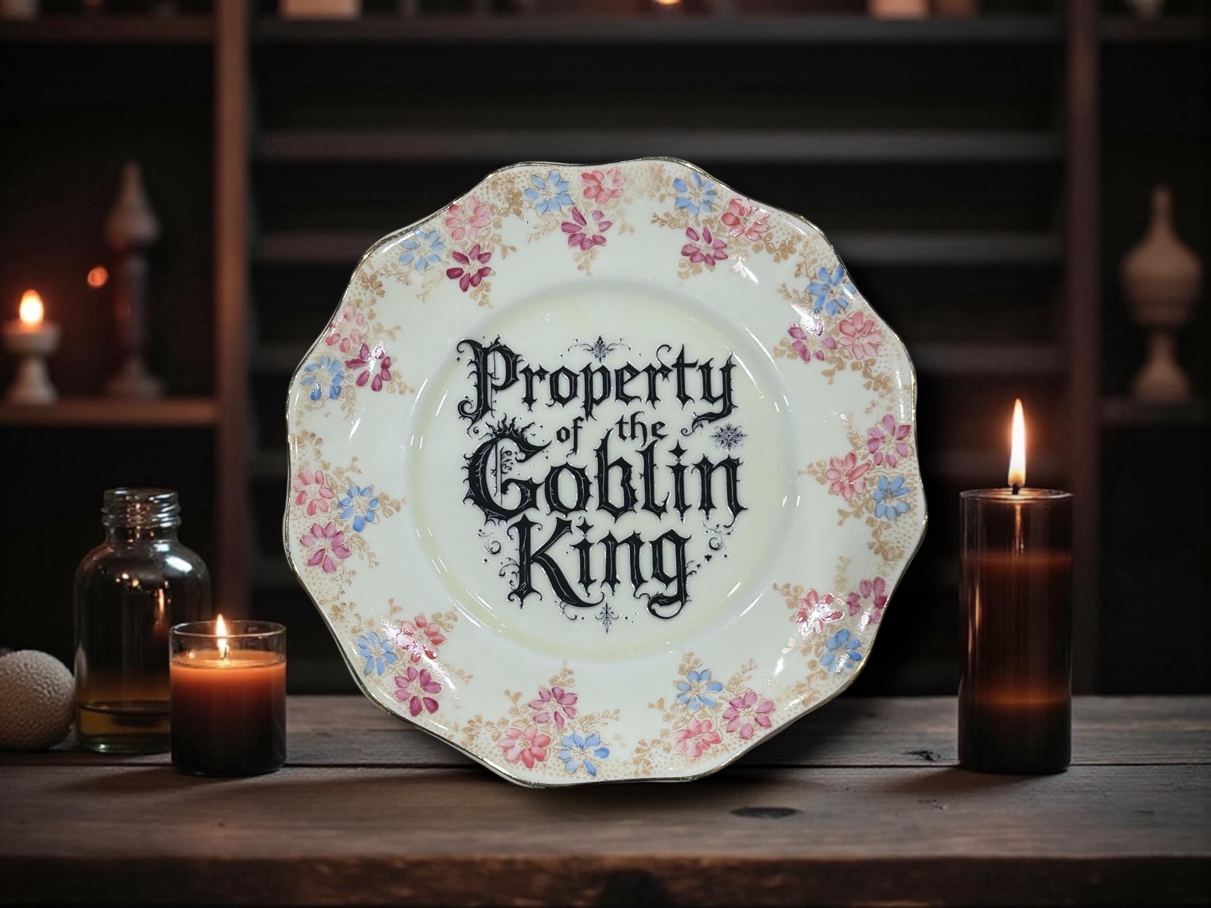 Property of the Goblin King Plate  Vintage Crackpottery with stand