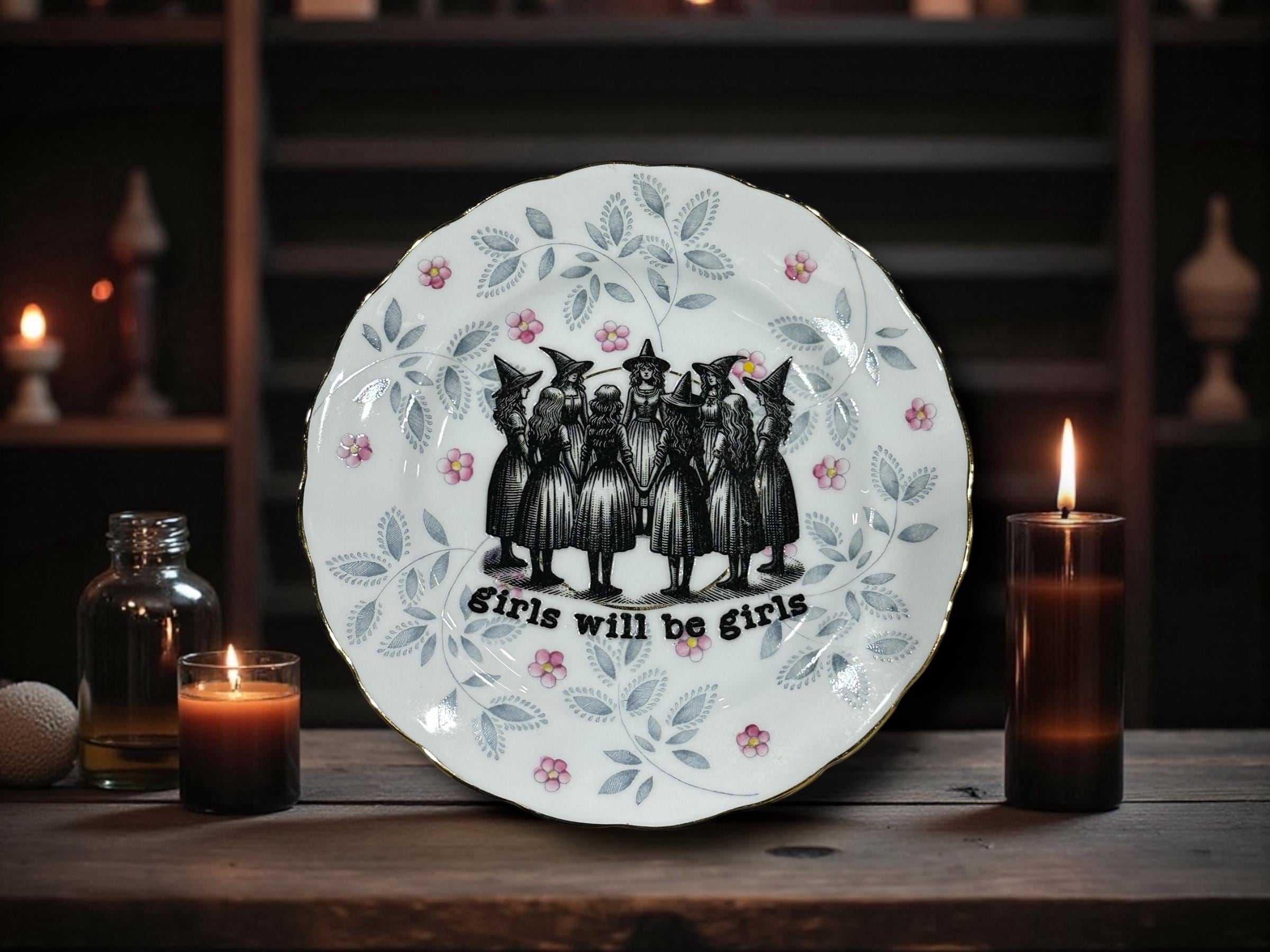 Vintage "Girls Will Be Girls" Decorative Plate | Witch Plate | Gothic Home Décor | 16cm Vintage China
