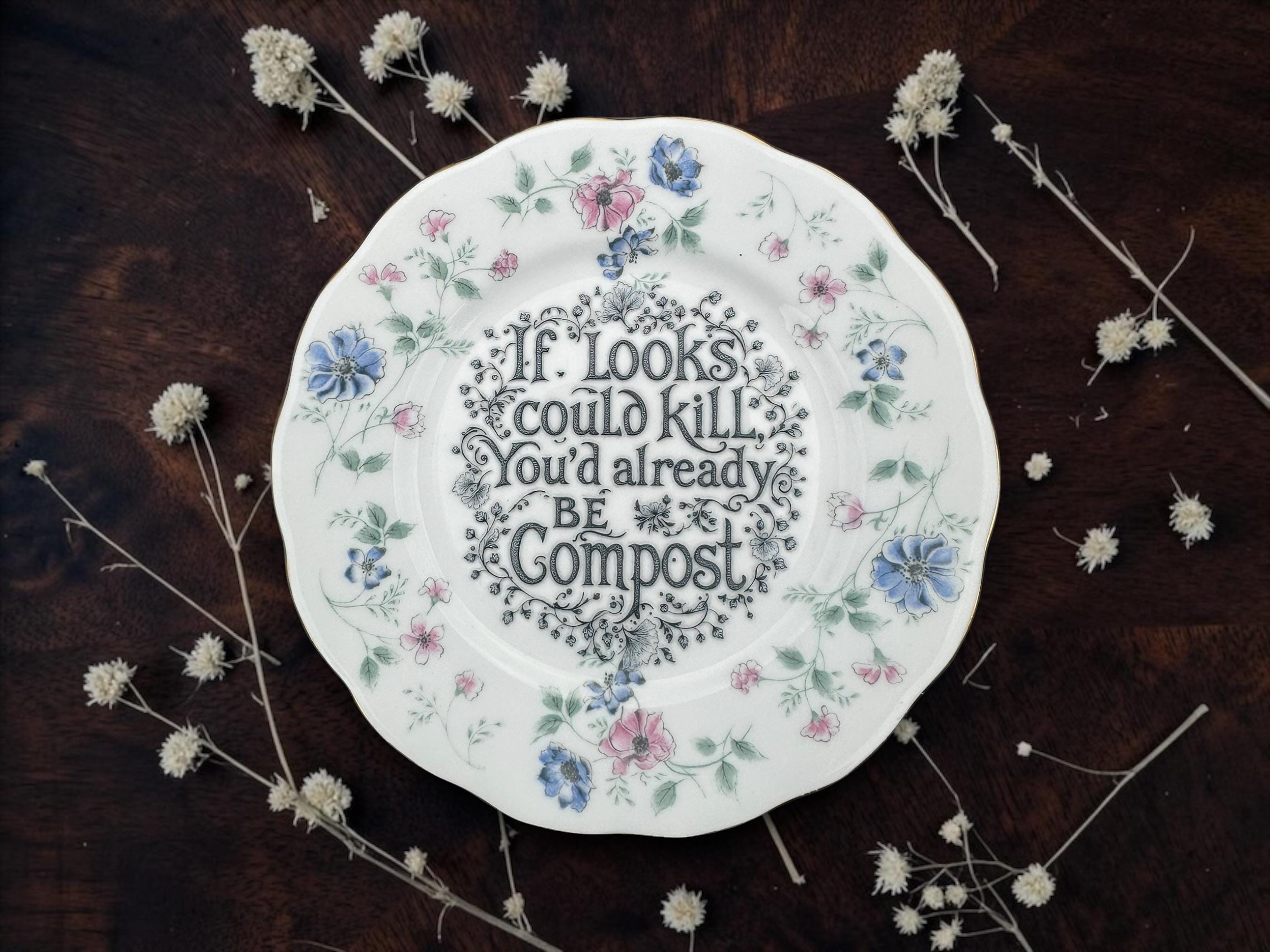 If Looks Could Kill Youd Already Be Compost Plate  Vintage Crackpottery with stand