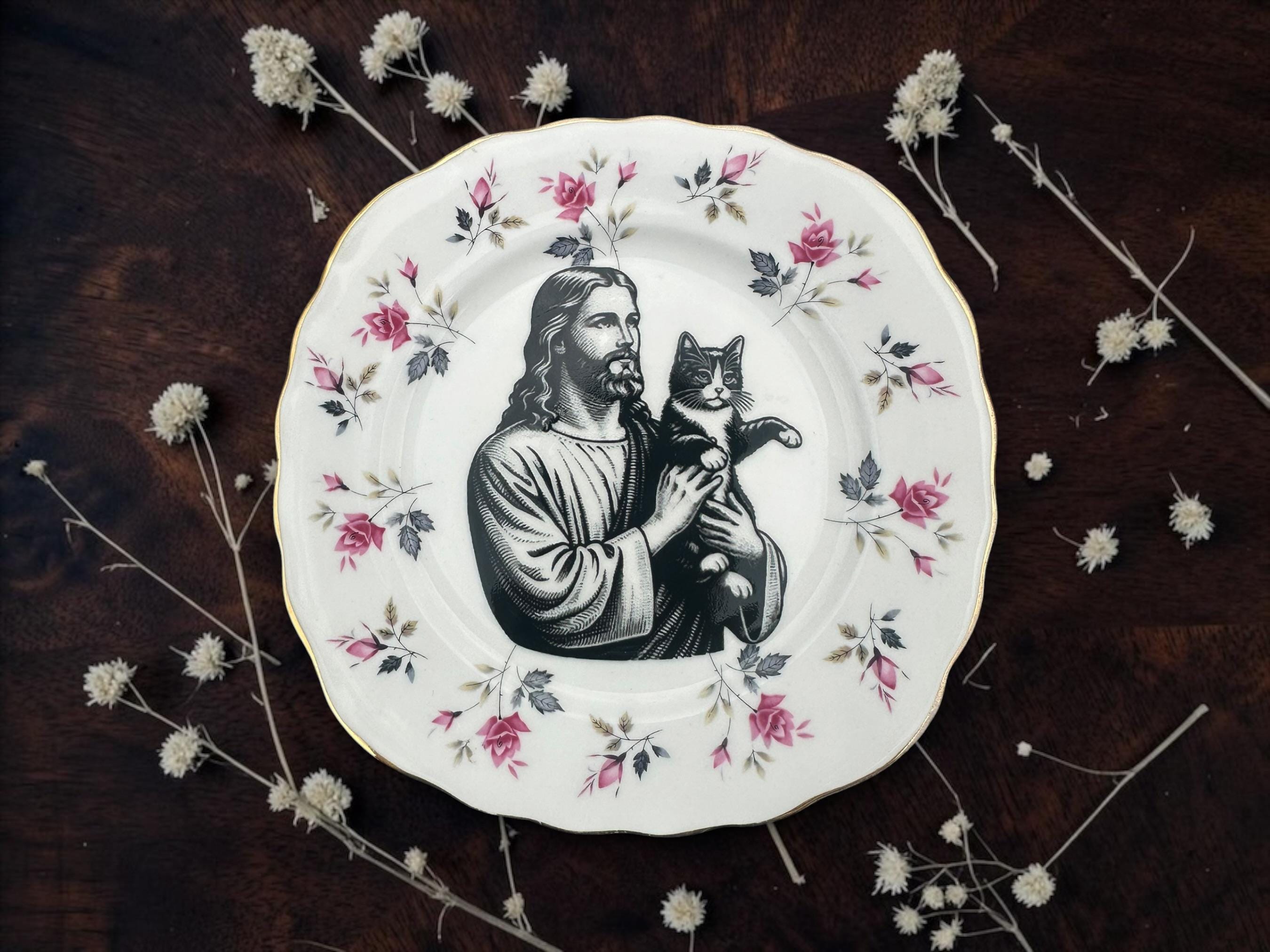 Jesus holding cat, vintage plate with stand