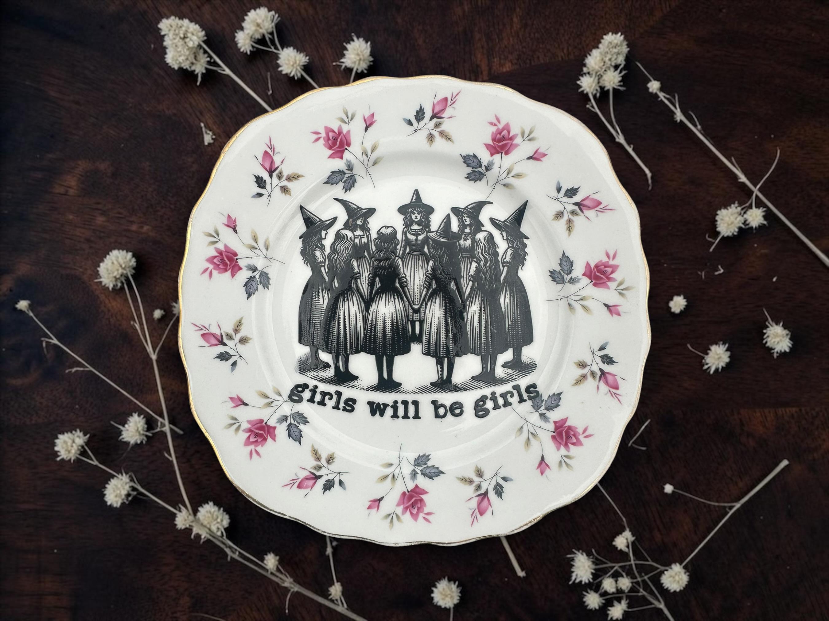 Vintage "Girls Will Be Girls" Decorative Plate | Witch Plate | Gothic Home Décor | 16cm Vintage China