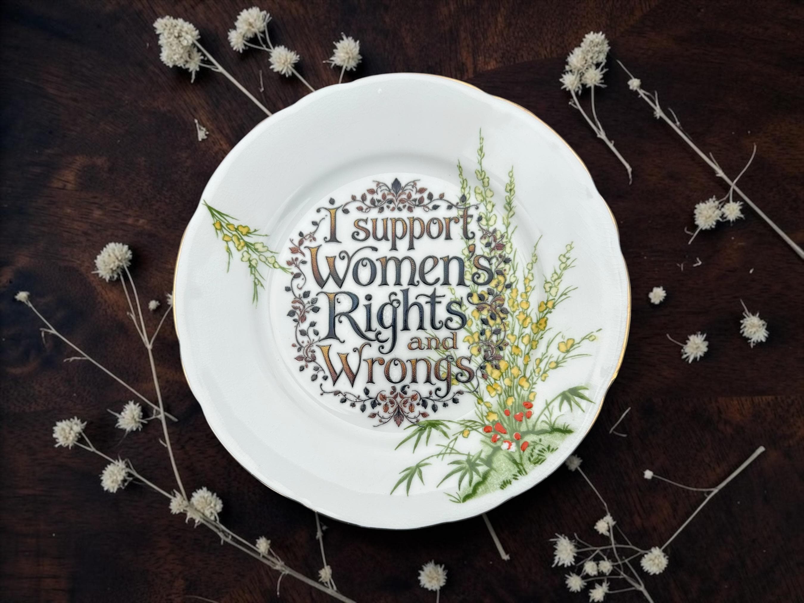 I Support Women's Rights and Wrongs Vintage Decorative Plate | Funny Feminist Gift | Vintage China | Alternative Home Décor
