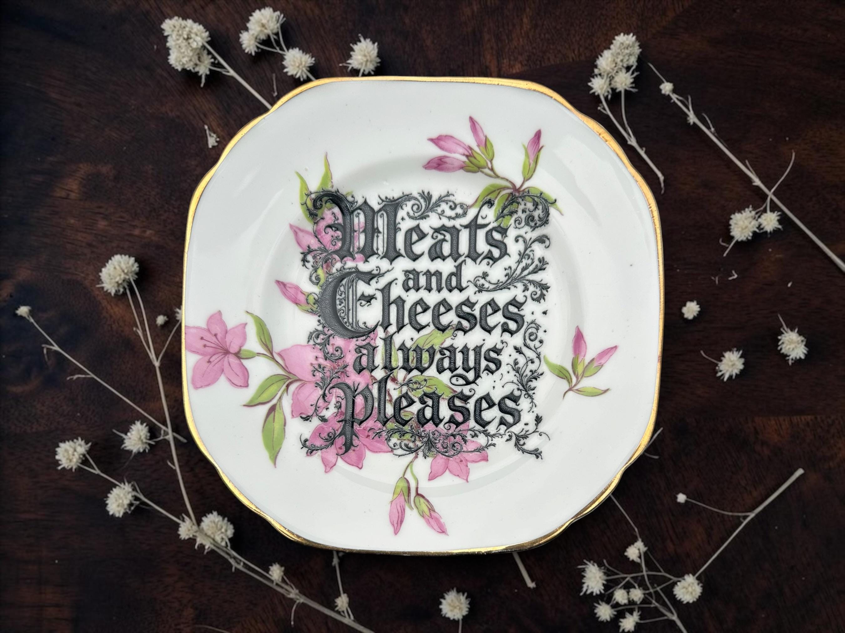 Meats and Cheeses Always Pleases Plate  Vintage Crackpottery with stand