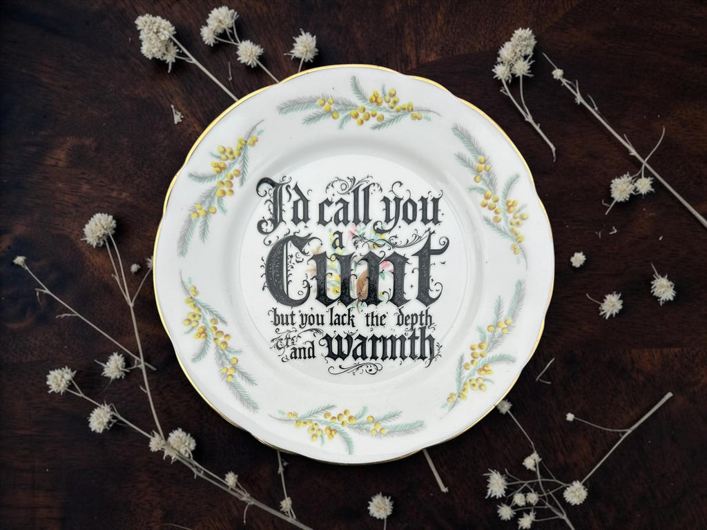 I'd call you a cunt but you lack the depth and warmth, vintage plate with stand