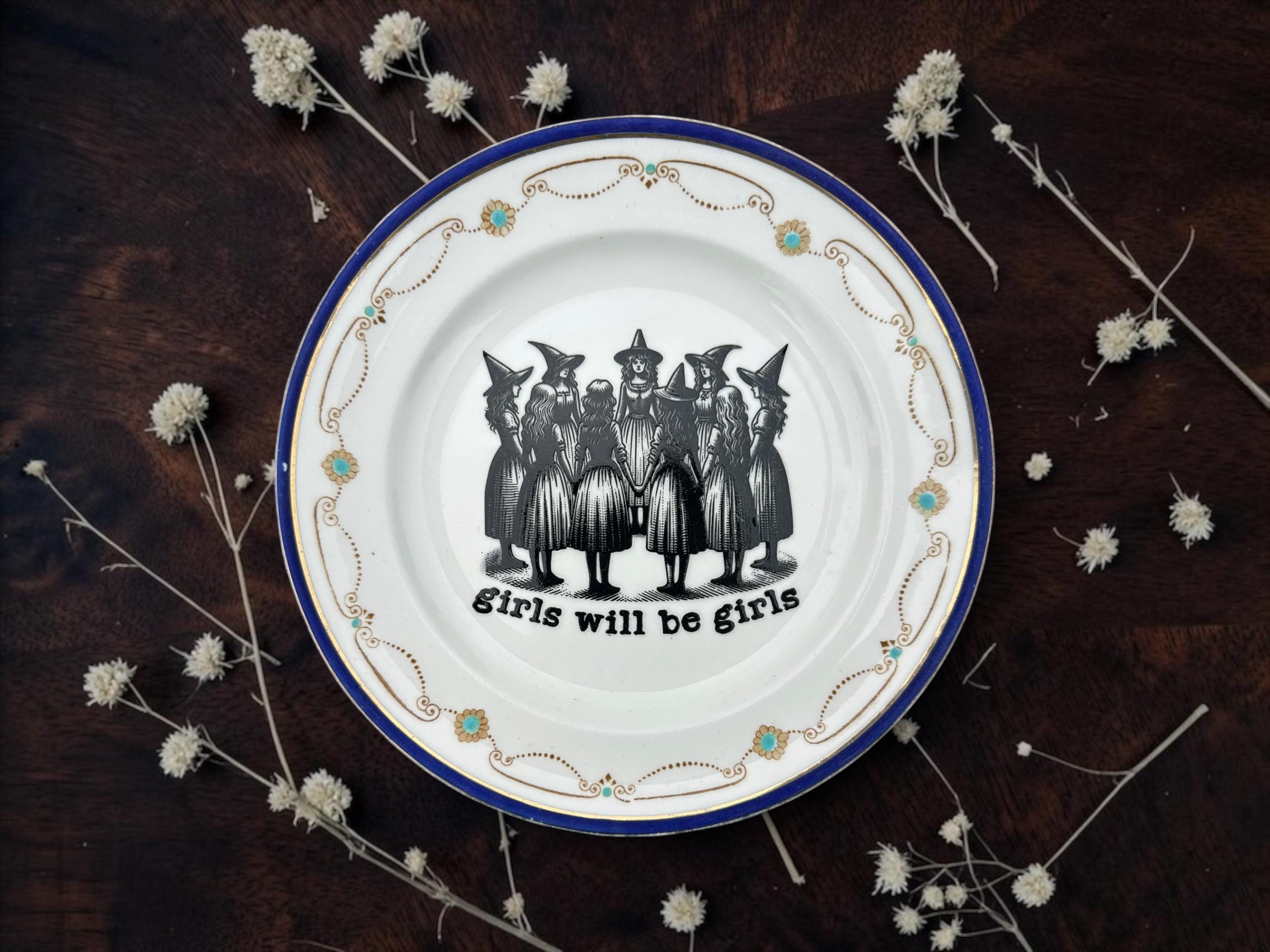Vintage "Girls Will Be Girls" Decorative Plate | Witch Plate | Gothic Home Décor | 16cm Vintage China